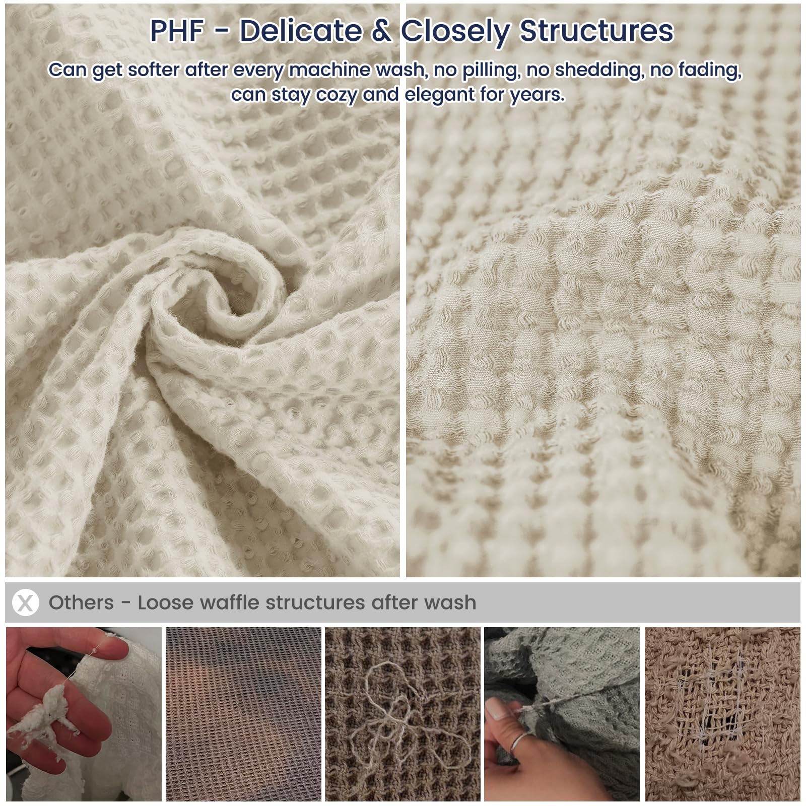 Phf 100% Cotton Waffle Weave Blanket Queen Size 90'X90' - Lightweight Cozy Washed Soft Breathable Throw - Great Layer For Couch Bed Sofa - Elegant Aesthetic Home Decoration Gift-Linen