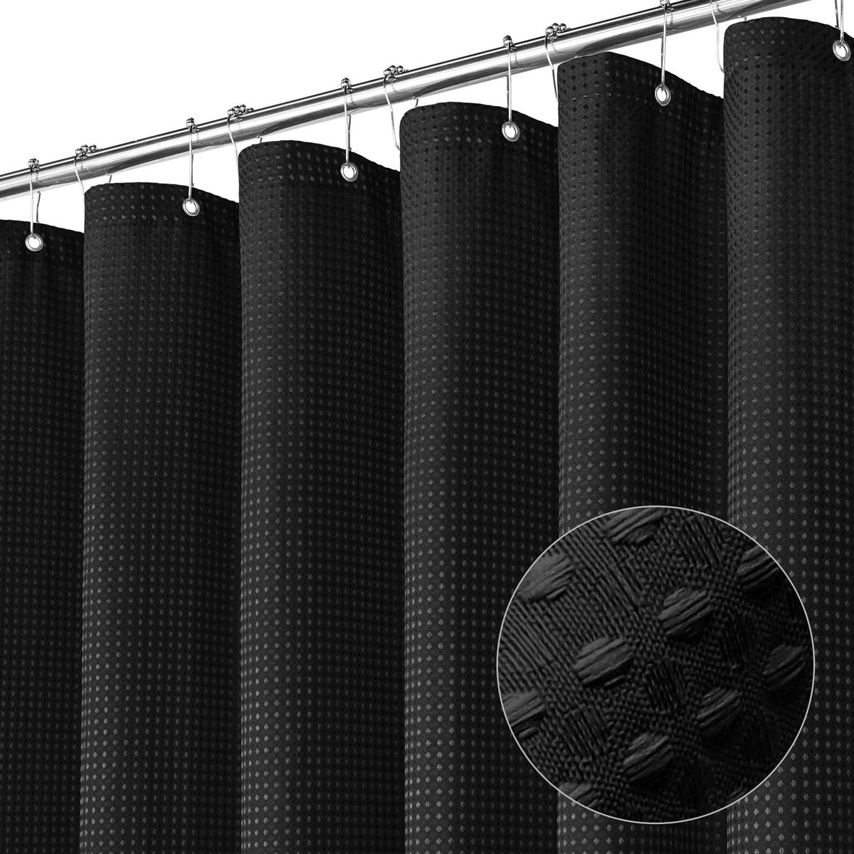Gibelle Black Shower Curtain, Waffle Weave Textured Fabric Shower Curtain For Bathroom - Soft Cloth & Hotel Spa Luxury, Water Re
