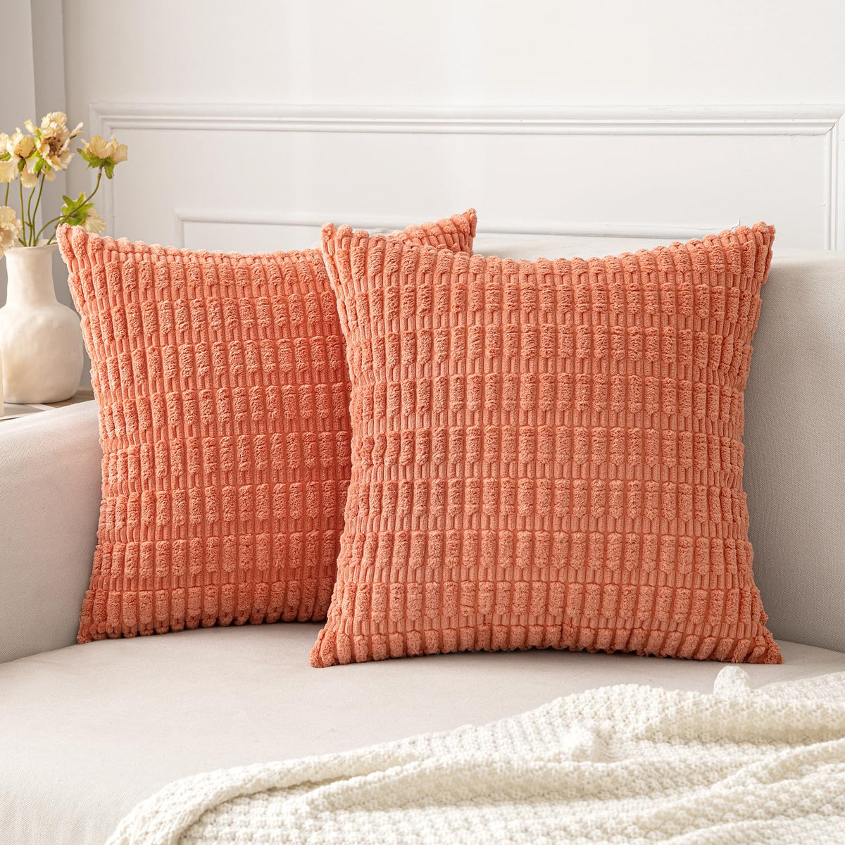 Miulee Pack Of 2 Coral Corduroy Decorative Throw Pillow Covers 22X22 Inch Soft Boho Striped Pillow Covers Spring Modern Farmhous