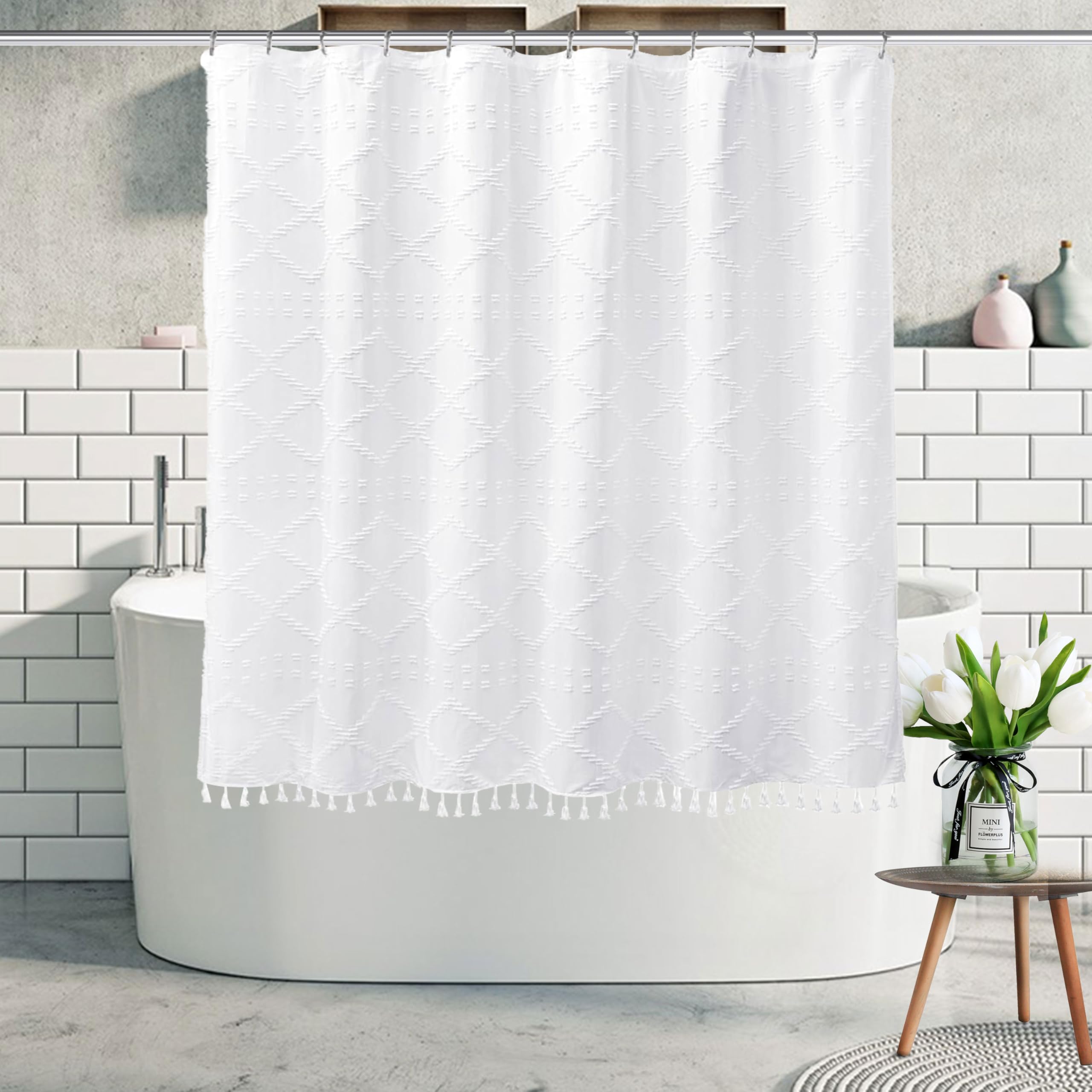 Boho White Woven Fabric Short Shower Curtain With Tassels 72 X 66 Modern Farmhouse Minimalist Tufted Chevron Striped Shabby Chic