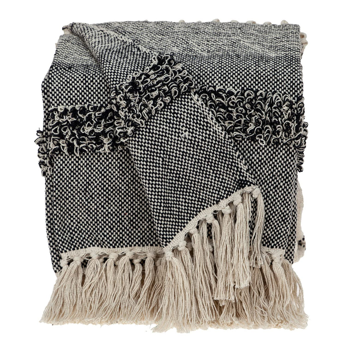 HomeRoots 50% Wool, 50% Acrylic Boho Beige and Black Handloom Weave Throw with Decorative Tassels