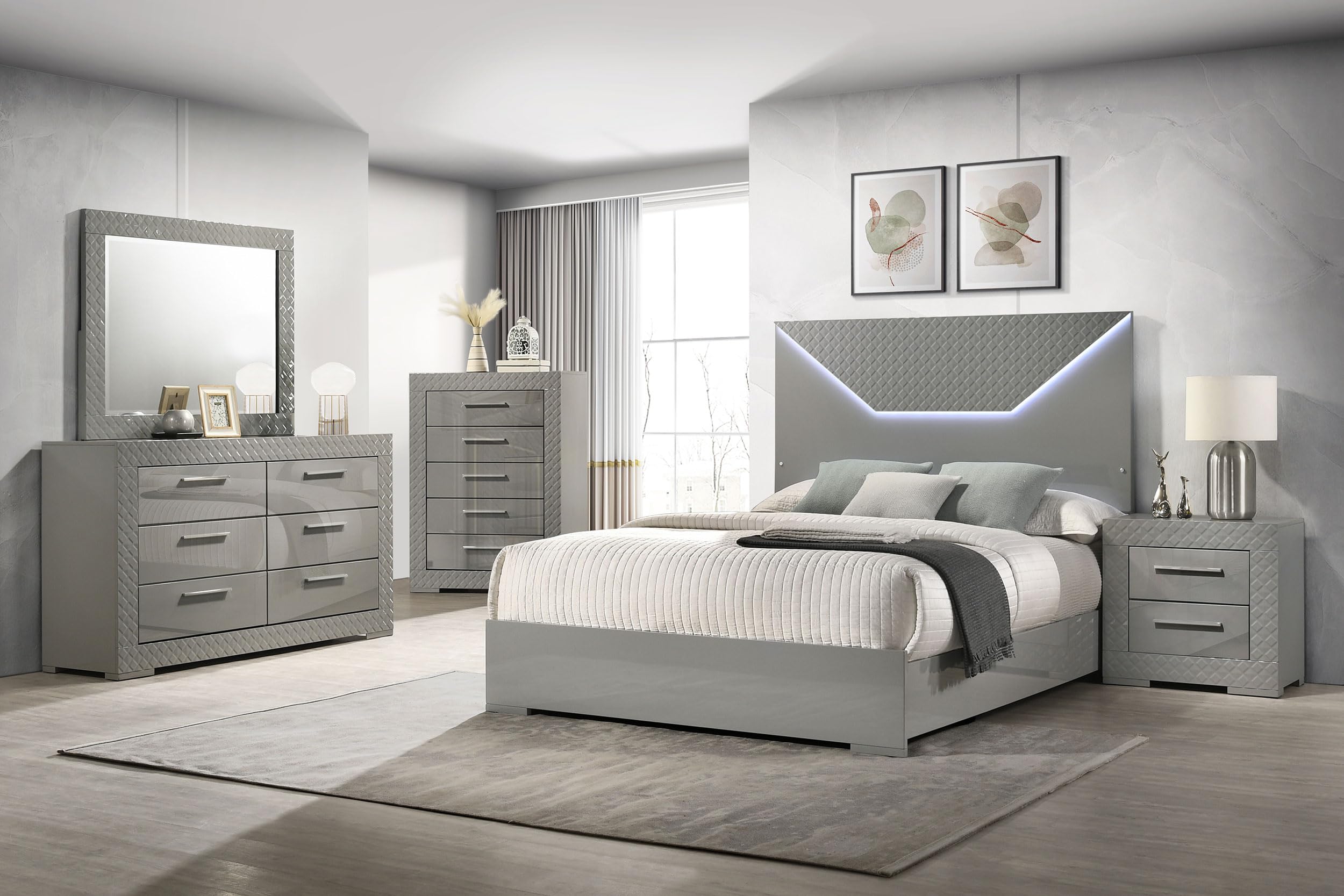 Coaster Home Furnishings Ives Contemporary 5-Piece Bedroom Set Eastern King Size LED Panel Bed Frame 57-inch Headboard Grey High Gloss 224971KE-S5