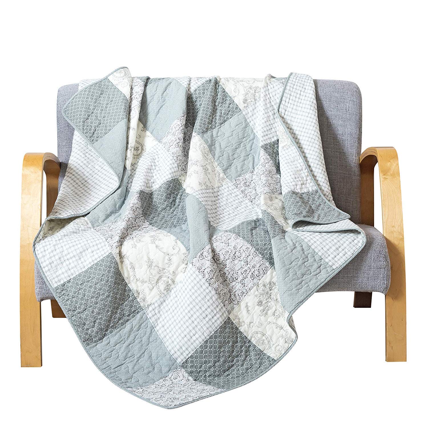 Soul & Lane Memory Lane 50' X 60' Cotton Quilted Throw Blanket, Sage Green Patchwork Throw Quilt For Couch, Lightweight Pieced