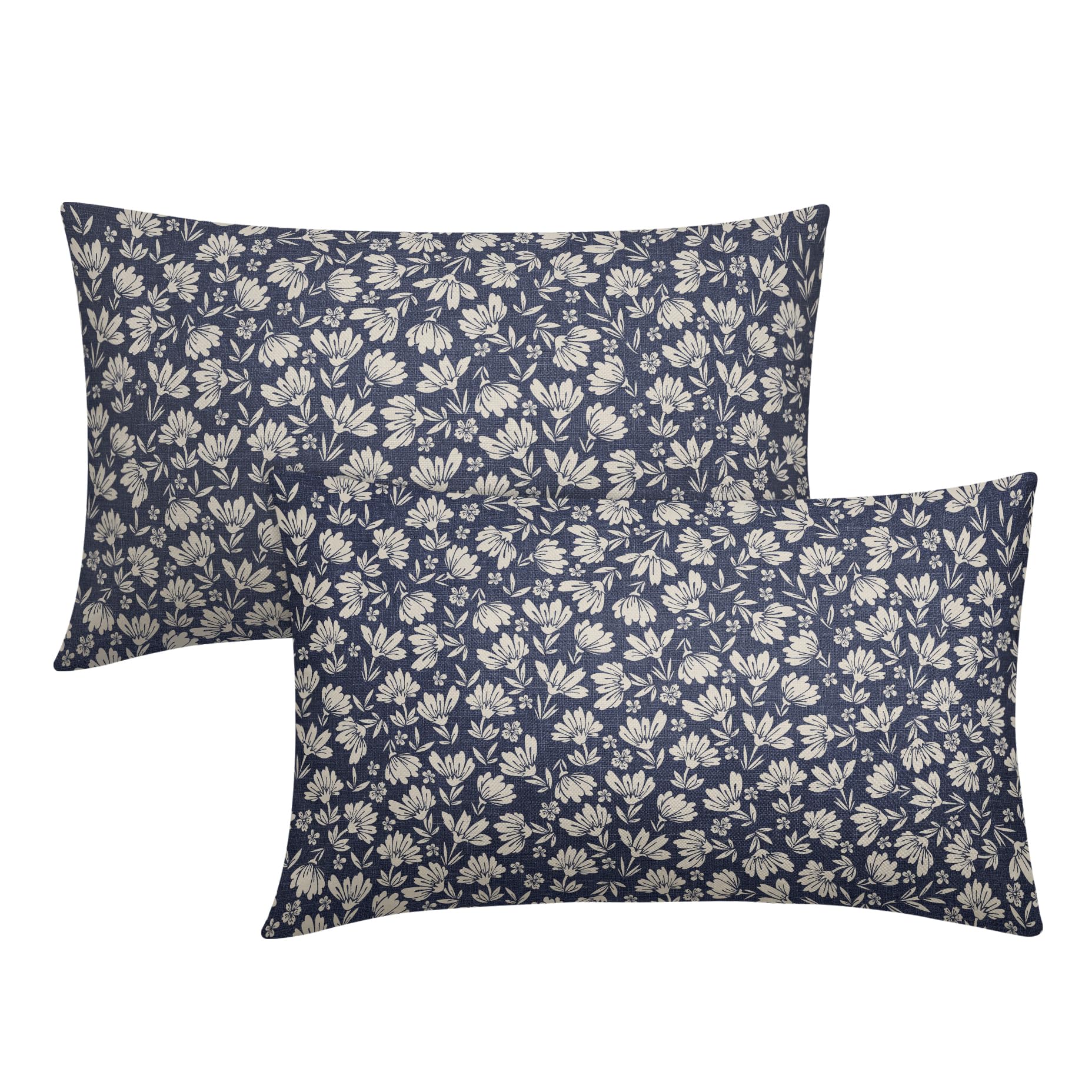 Navy Blue Beige Daisy Floral Lumbar Pillow Covers 12X20 Inch Vintage Flowers Pillow Cases Set Of 2 Block Print Cotton Linen Thro