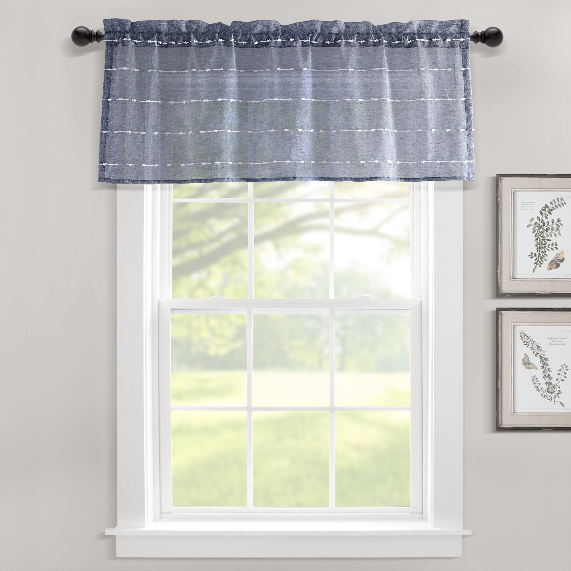 Lush Decor Farmhouse Textured Sheer Window Curtain Valance, 52'W X18'L, Navy