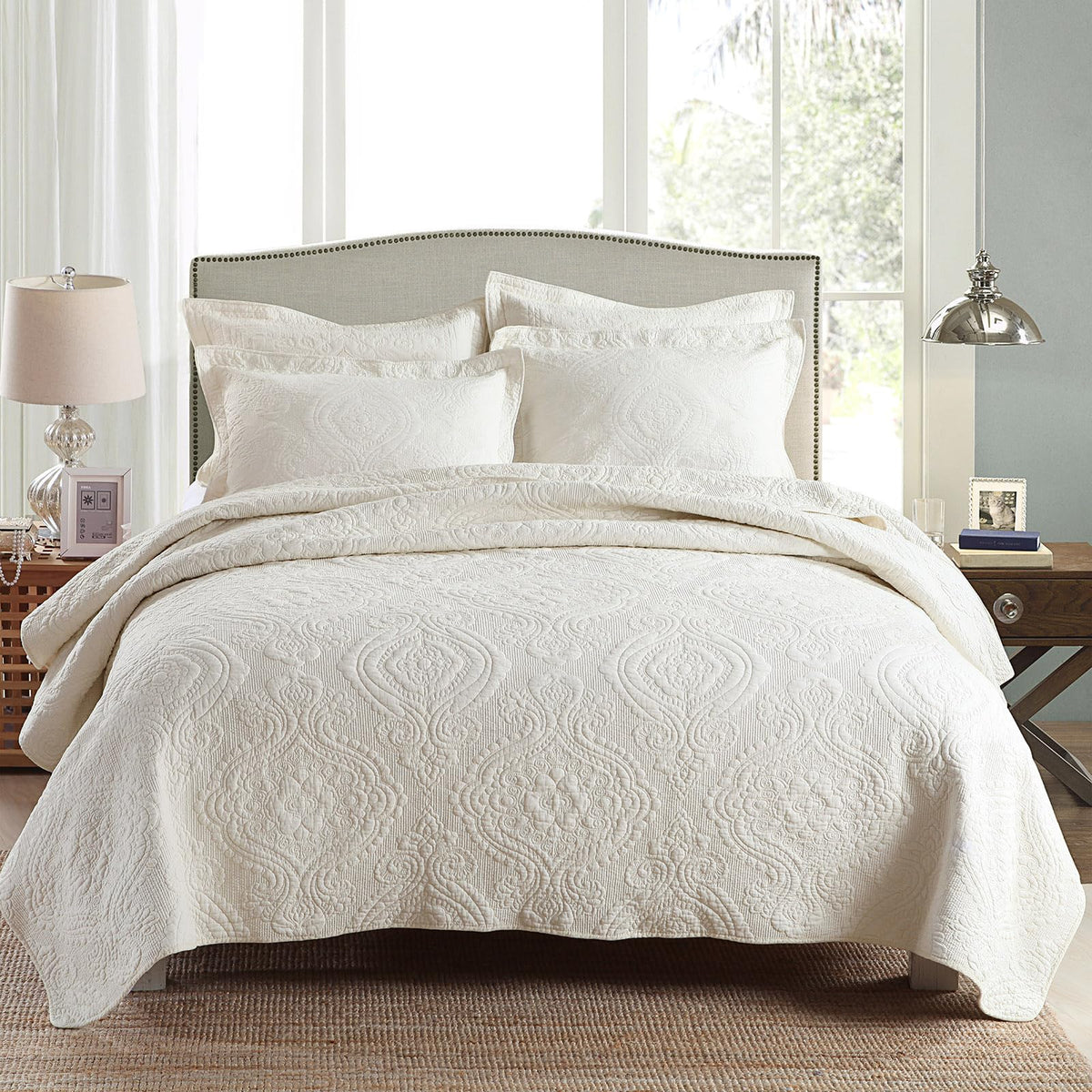 Mixinni 3 Piece Quilt Set King Size Bedspread Coverlet Set Beige/Cream Paisley Pattern Quilt Bedding Set, Cotton Lightweight Bed