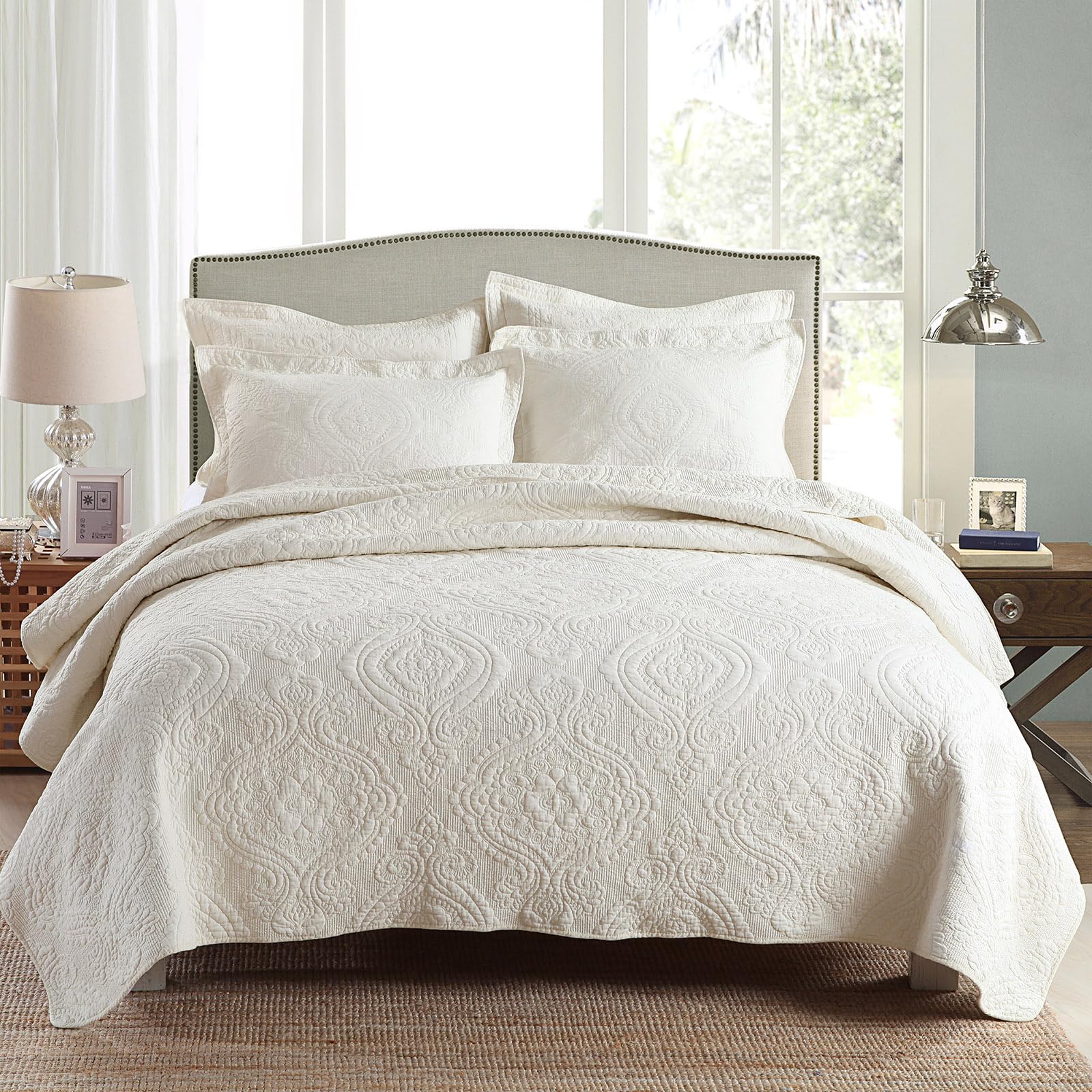 Mixinni 3 Piece Quilt Set King Size Bedspread Coverlet Set Beige/Cream Paisley Pattern Quilt Bedding Set, Cotton Lightweight Bed