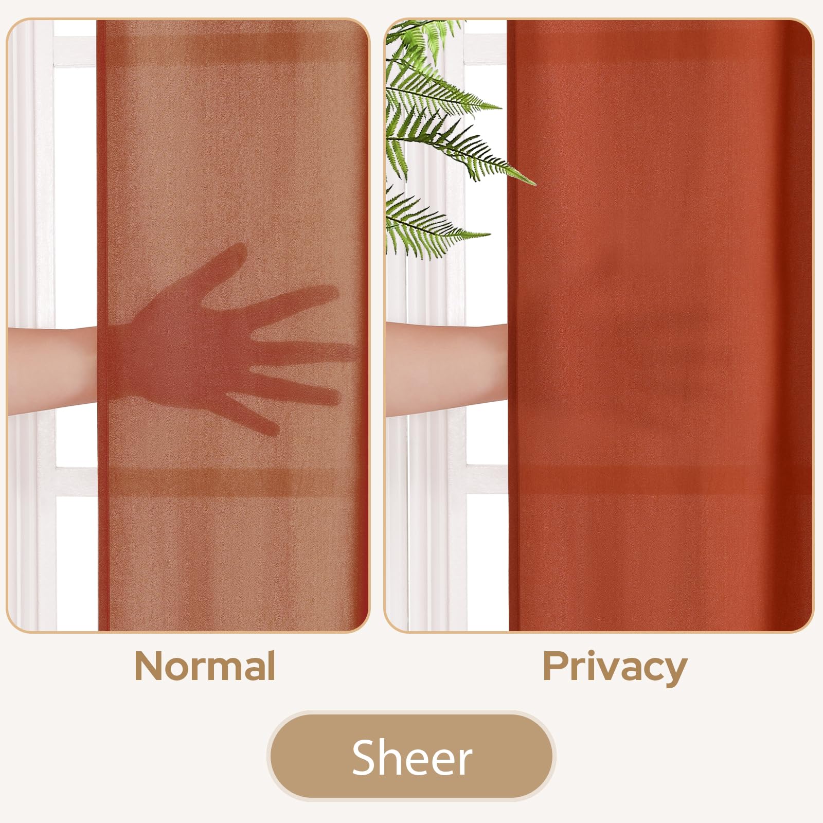 Homeideas Non-See-Through Burnt Orange Privacy Sheer Curtains 52 X 45 Inches Long 2 Panels Sheer Curtains Light Filtering Window Curtains Drapes For Bedroom Living Room