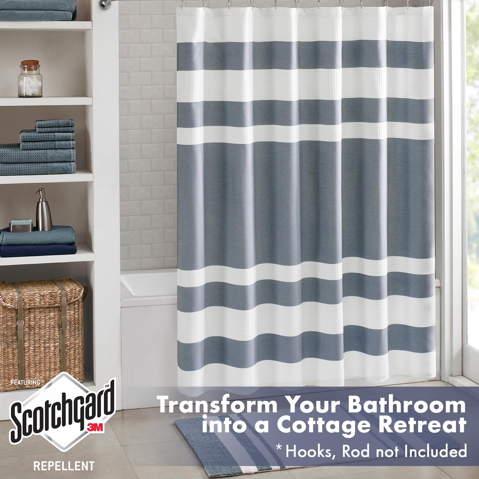 Madison Park Spa Waffle Shower Curtain Pieced Fabric With 3M Scotchgard Moisture Management, Premium Spa Quality Modern Shower Curtains For Bathroom, Standard 72X72, Indigo Blue