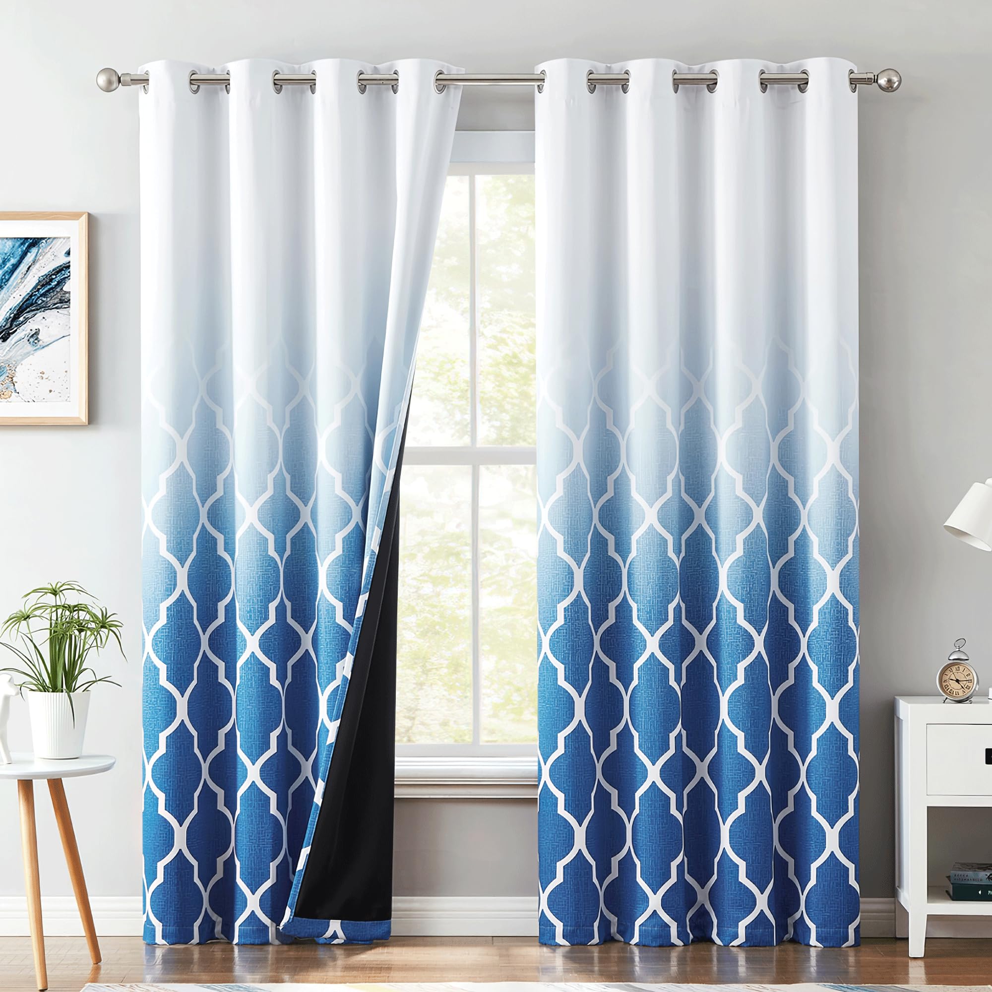 Metro Parlor Ombre Full Blackout Curtains 108 Inches Long 2 Panels For Living Room Bedroom Blue White Moroccan Printed Grommet T