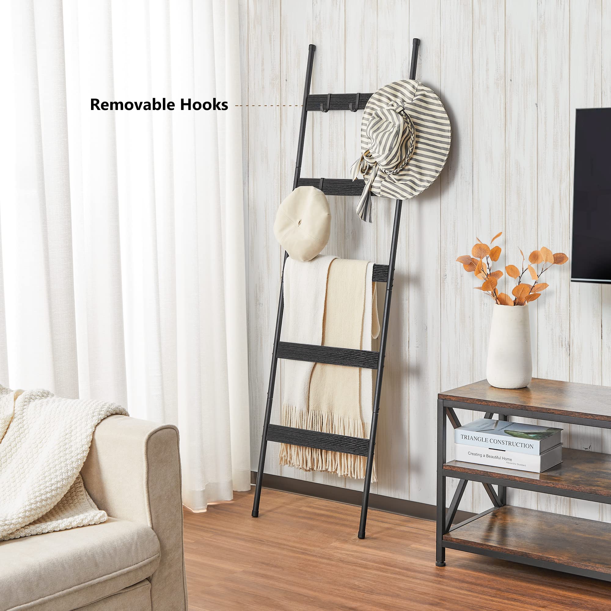 Elyken Blanket Ladder For Living Room, Farmhouse 5 -Tier Quilt Holder With 4 Removable Hooks For Bathroom, Wood Towel Rack Displ