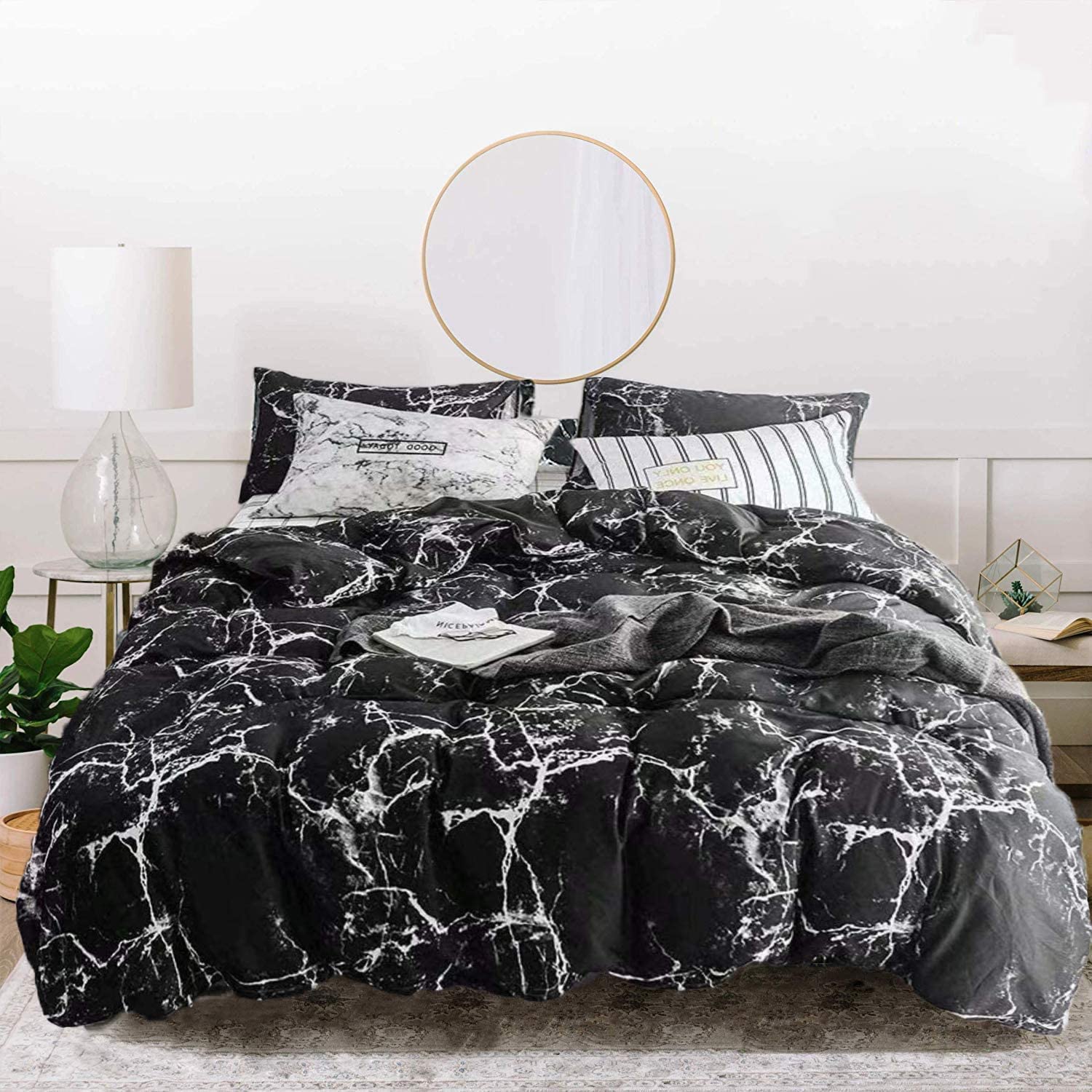 Houseri Black Marble Comforter Set Full Size, 3 Piece Lightweight Black White Grey Aesthetic Bedding Sets Full For Teen Boys Gir