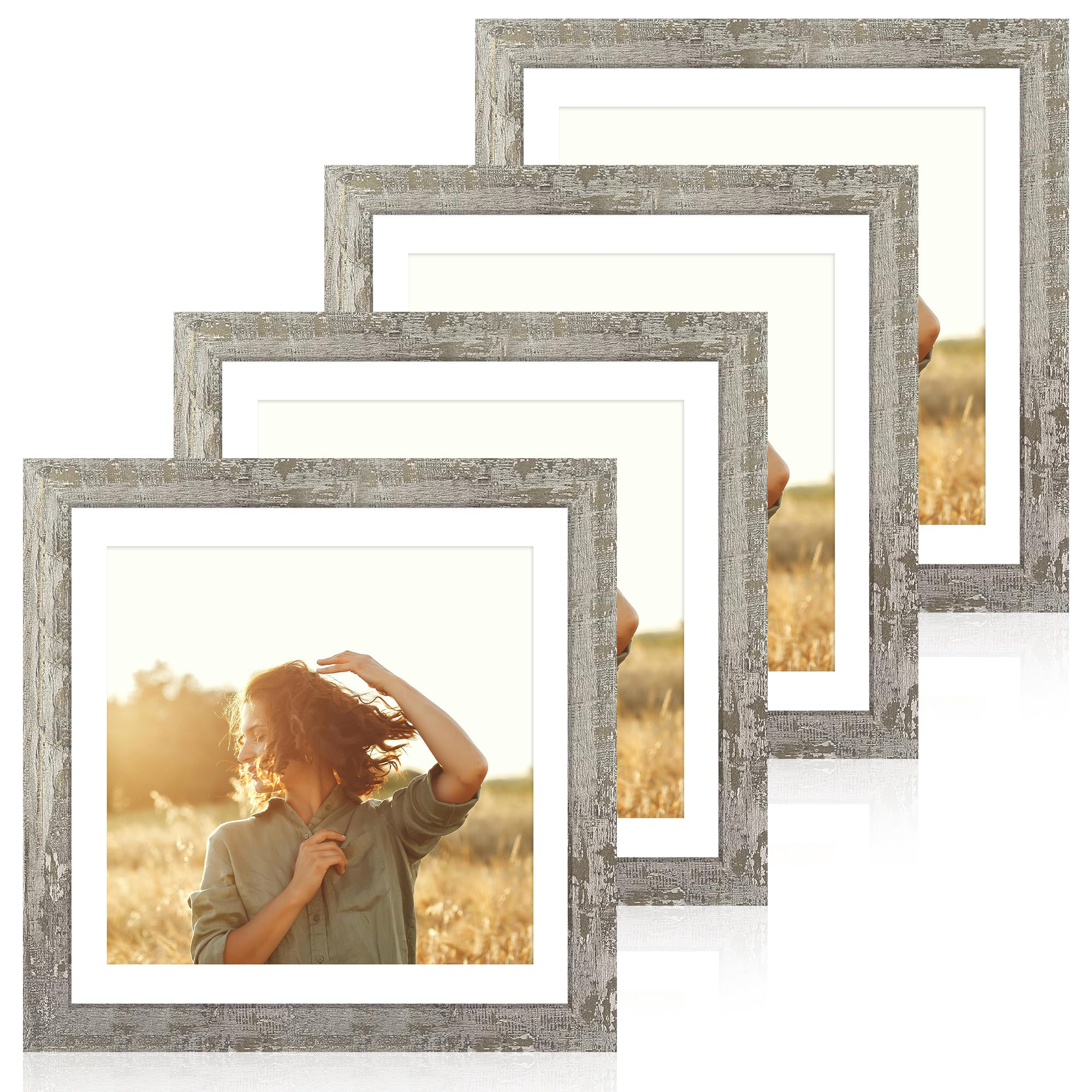 iRahmen 12x12 Picture Frame Set of 4 with Tempered Glass, Display 10x10 Picture with Mat or 12 x 12 Without Mat, Rustic Wood Squ