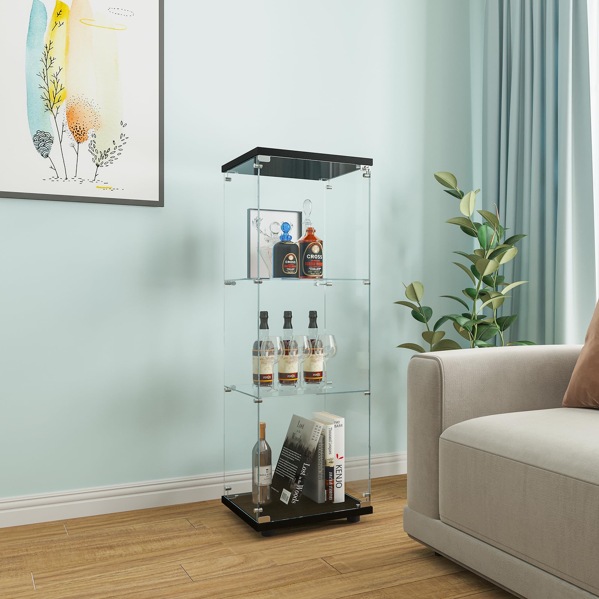 Beauty4U One-Door Glass Display Cabinet, Black Curio Cabinets For Living Room, Bedroom, Office, Collection Display, Quick Installation In 30 Mins, 3 Shelves Black Floor Standing Glass Bookshelf