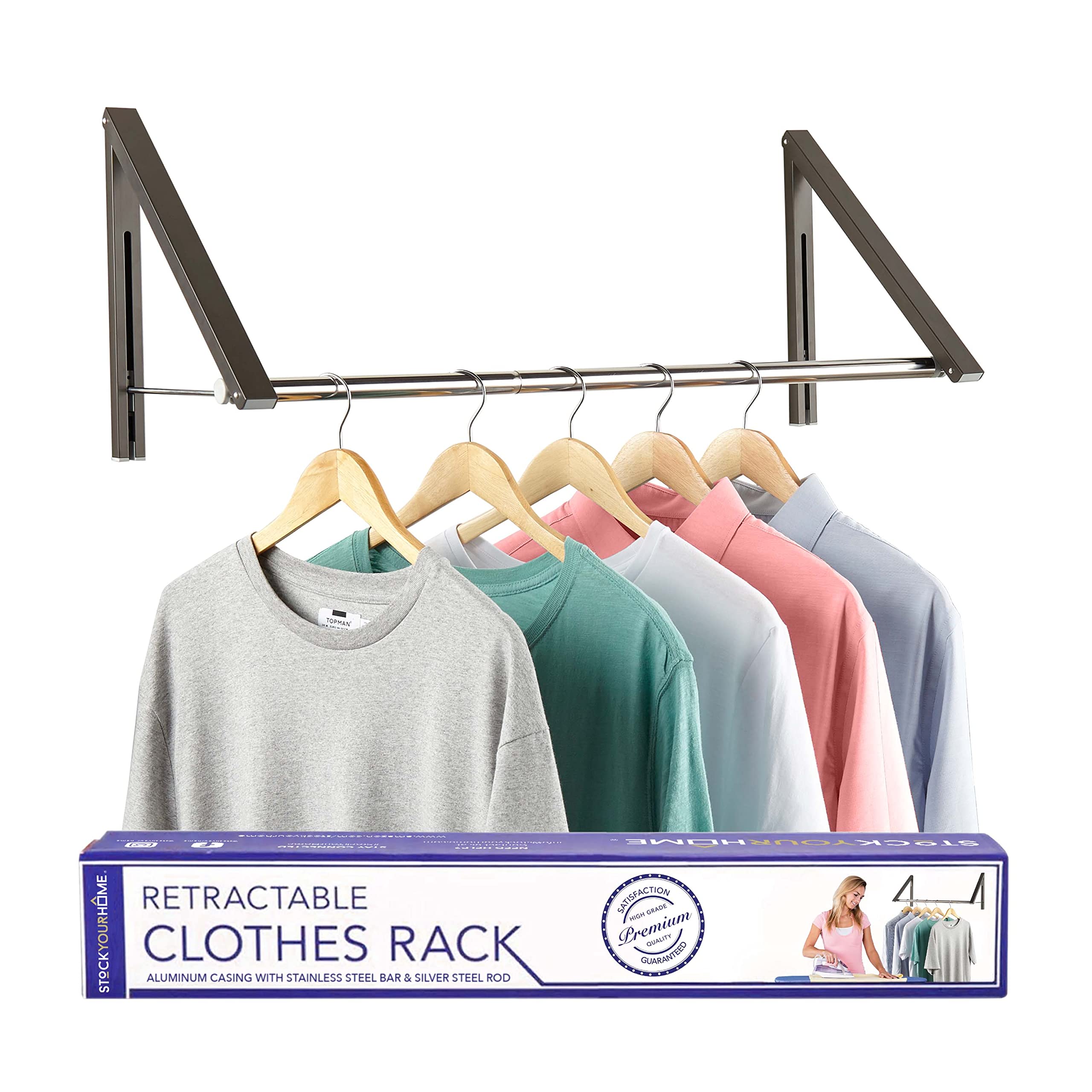 Double Foldable Clothing Rack w/Extension Rod, Wall-Mounted Retractable Clothes Hanger for Laundry Dryer Room, Hanging Drying Ro