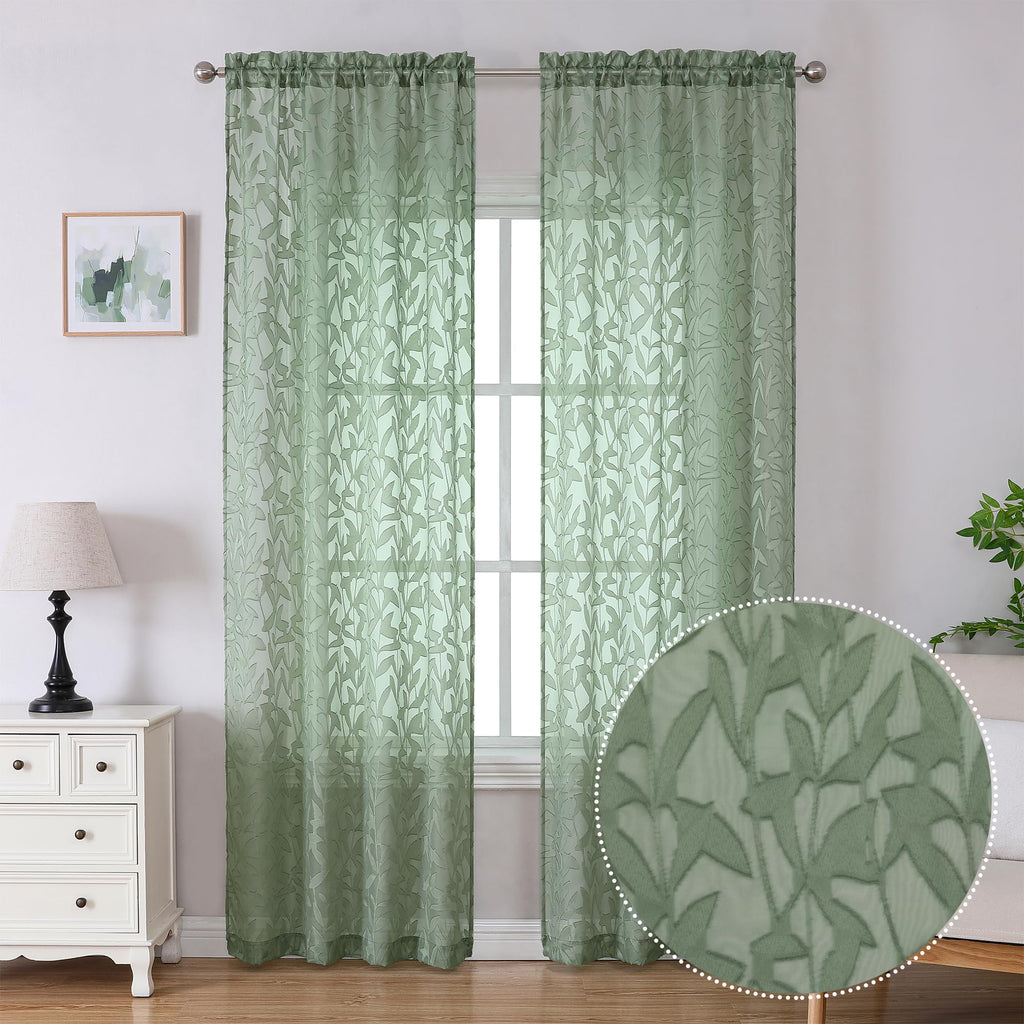 Lecloud Leia 2 Panels Sheer Sage Green Curtains 96 Inches Long, Patio Door/French Door/Living Room Curtain With Leaves, Jacquard