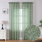 Lecloud Leia 2 Panels Sheer Sage Green Curtains 96 Inches Long, Patio Door/French Door/Living Room Curtain With Leaves, Jacquard