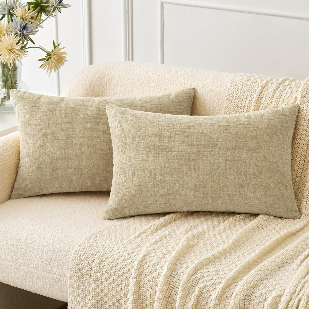 Miulee Pack Of 2 Beige Throw Pillow Covers 12X20 Inch Soft Chenille Pillow Covers For Sofa Living Room Couch Solid Dyed Cases