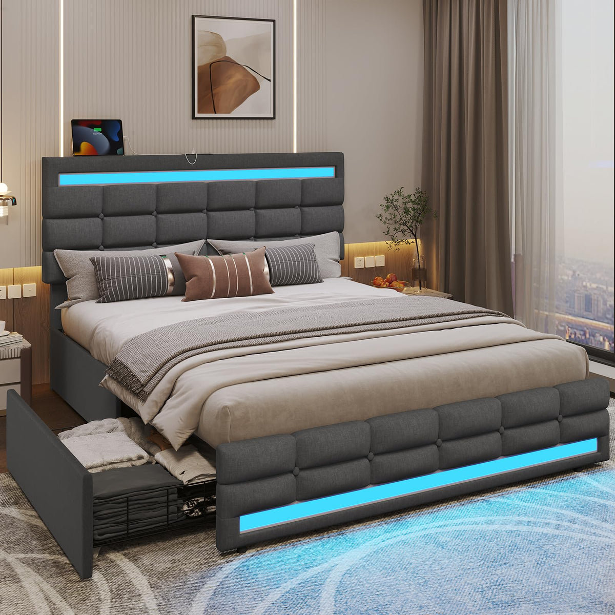 ADORNEVE Queen LED Bed Frame with 4 Drawers and 2 USB Charging Station, Upholstered Platform Queen Size Bed Frame with LED Light