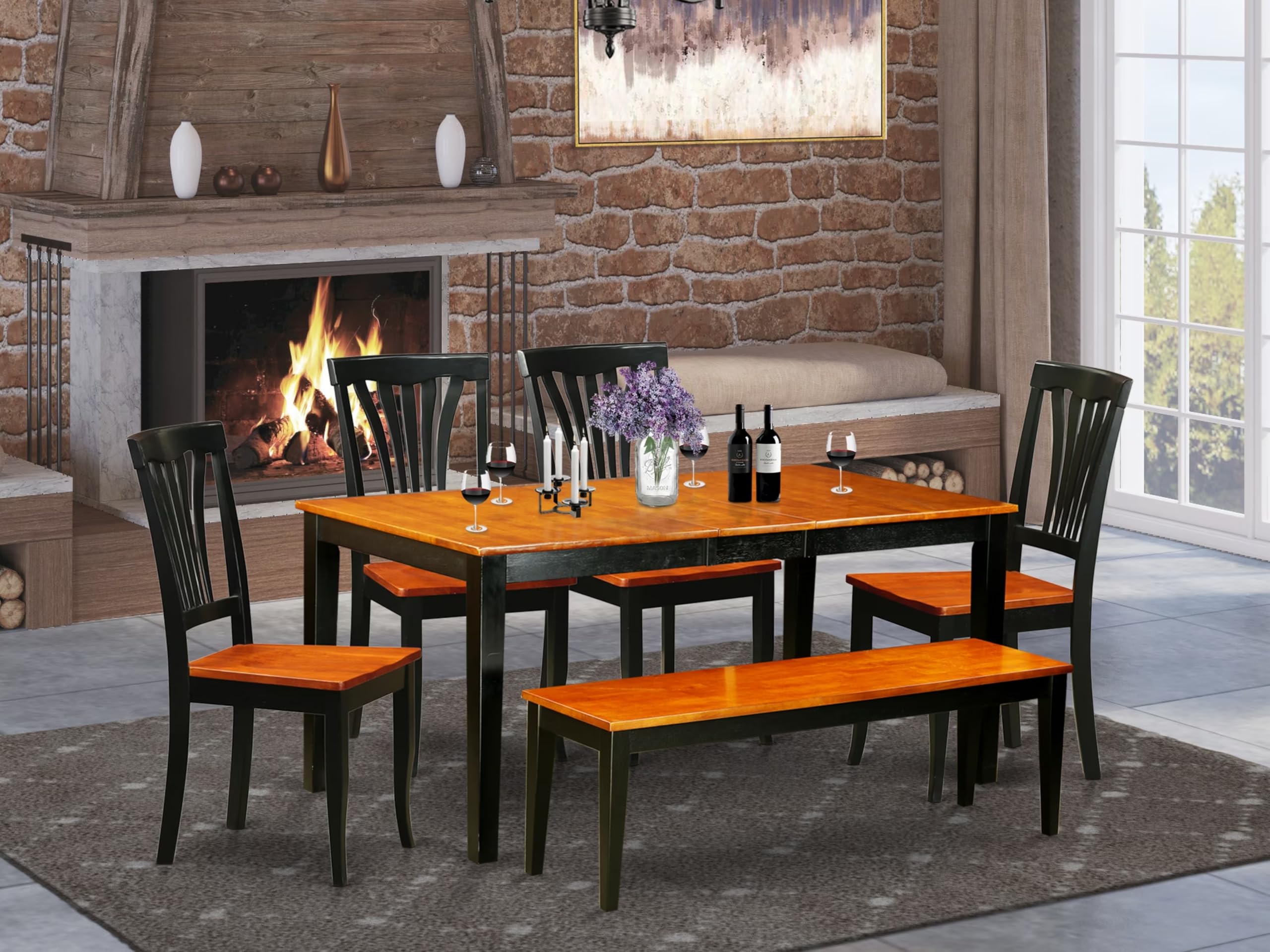 East West Furniture NIAV6-BCH-W 6 Piece Dining Room Furniture Set Contains a Rectangle Kitchen Table with Butterfly Leaf and 4 Dining Chairs with a Bench, 36x66 Inch, Black & Cherry