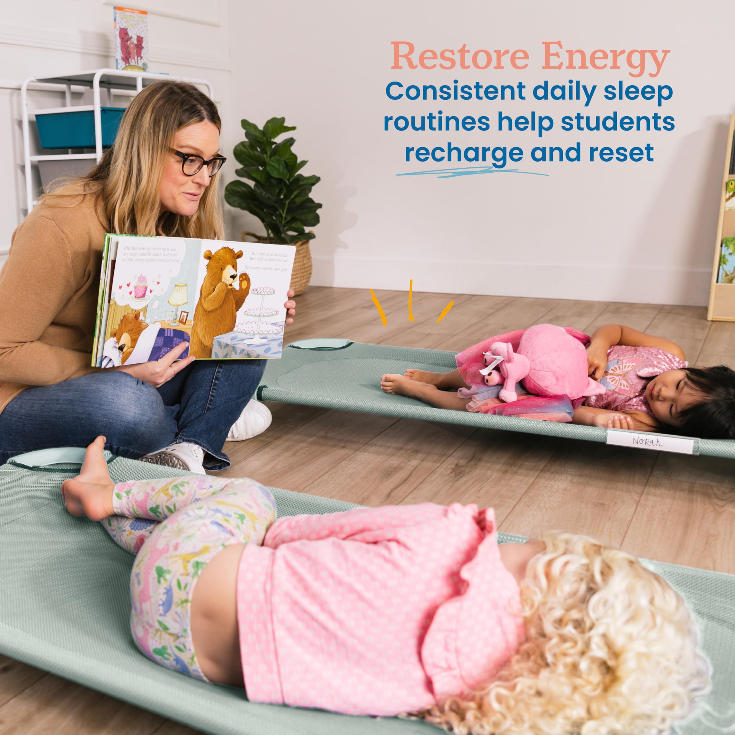 Ecr4Kids Stackable Cozy Cot With Storage, Classroom Furniture, Sage, 6-Pack