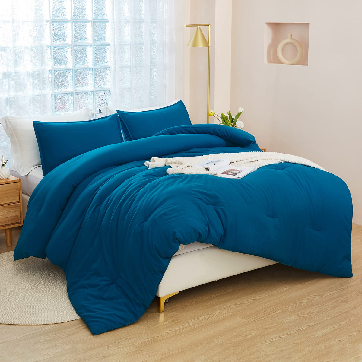 Litanika Teal Comforter King Size, 3 Pieces Turquoise Lightweight Solid Bedding Comforter Set, All Season Fluffy Bed Set (104X90