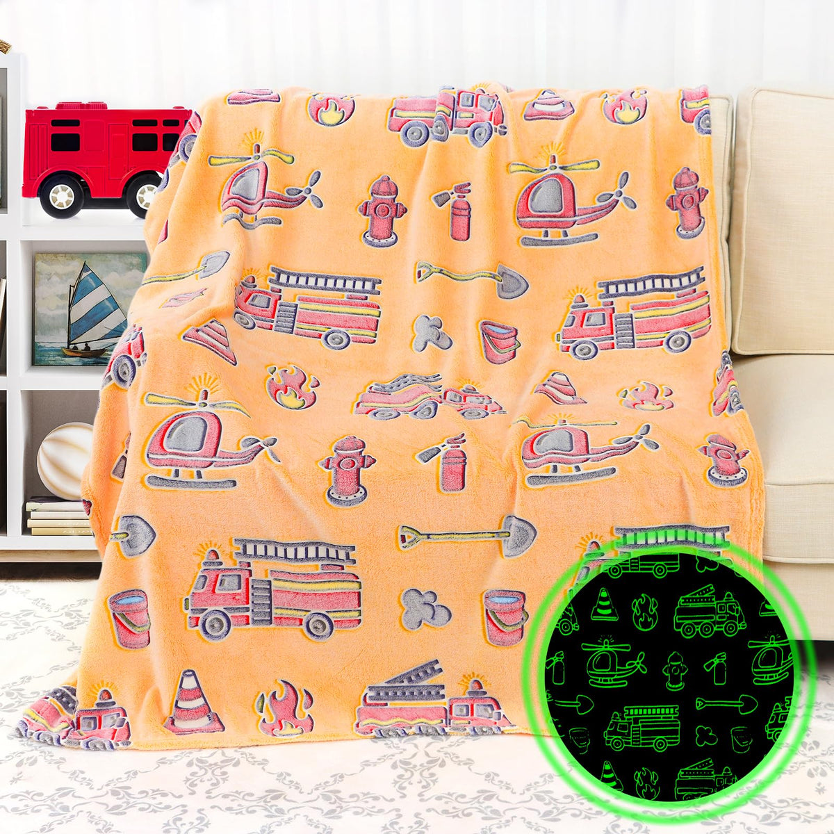 KIVEE Fire Truck Blanket Glow in The Dark Blanket for Toddler Boy Blanket Firetruck Gifts Toys for Boys Son Birthday