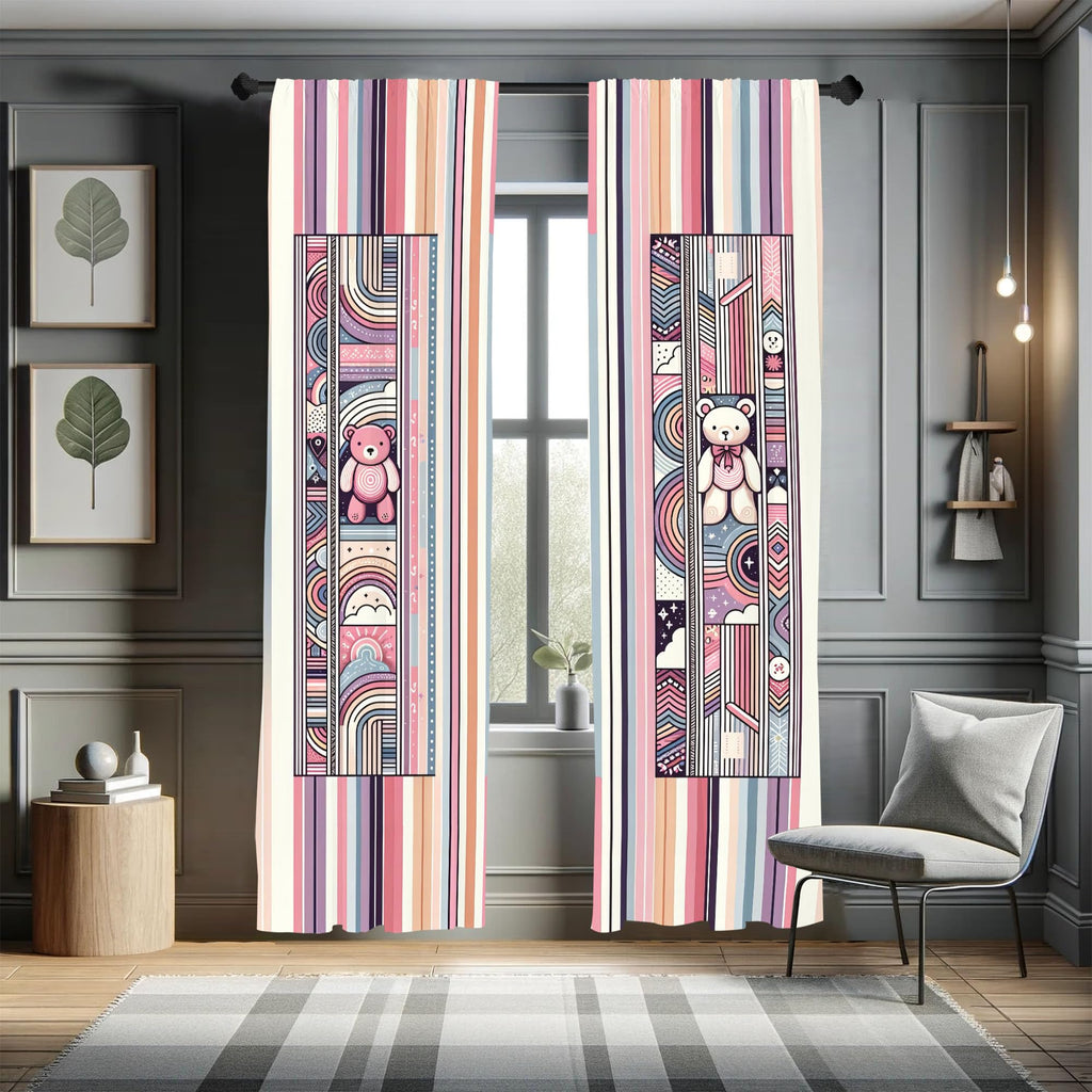 Ambesonne Bear Window Curtains, Delicate Pastel Tone Road Stripes with Modern Cartoon Dream Cloud and Sun, Lightweight Decorativ