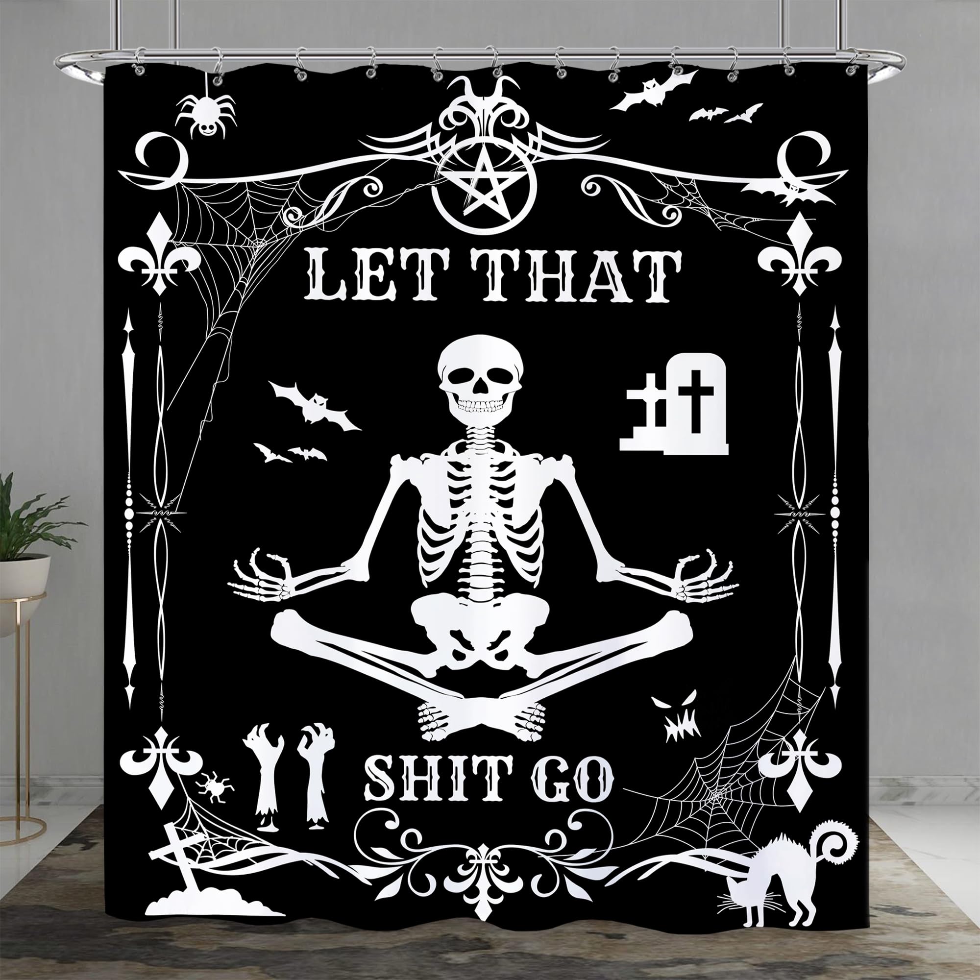 Laifzere Funny Black Skull Goth Shower Curtain Let That Shit Go Shower Curtain For Bathroom Set Skeleton Halloween Gothic Fun Fa
