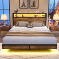 BedsPick Queen Size Bed Frame with 2-Tier Storage Headboard, Sturdy Metal Platform Bed Frame with Charging Station & LED Lights,