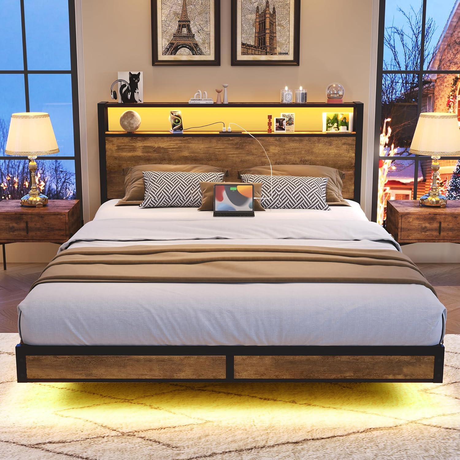 BedsPick Full Size Bed Frame with 2-Tier Storage Headboard, Sturdy Metal Platform Bed Frame with Charging Station & LED Lights, 