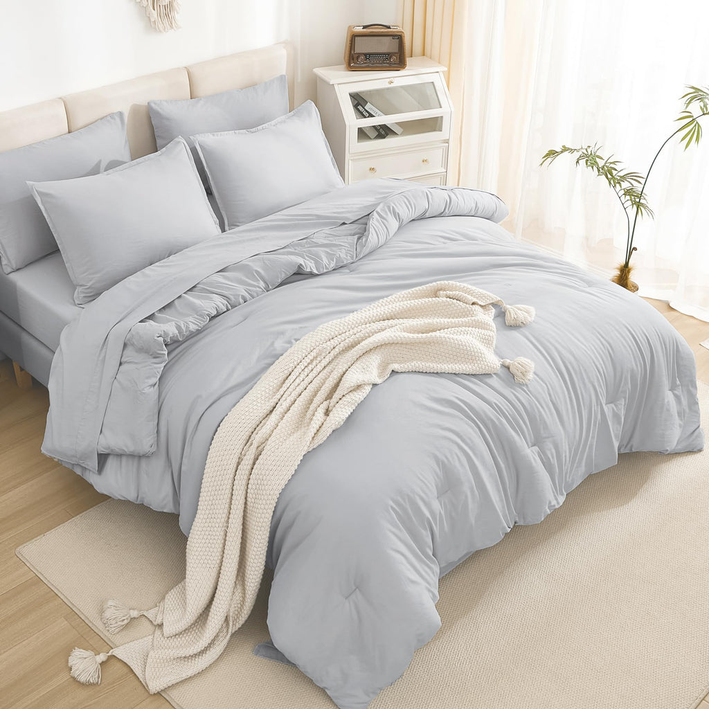 Litanika Queen Comforter Set Light Grey - 7 Pieces Bed In A Bag Queen Beddding Comforter Sets, Solid Lightweight Bed Set With Co