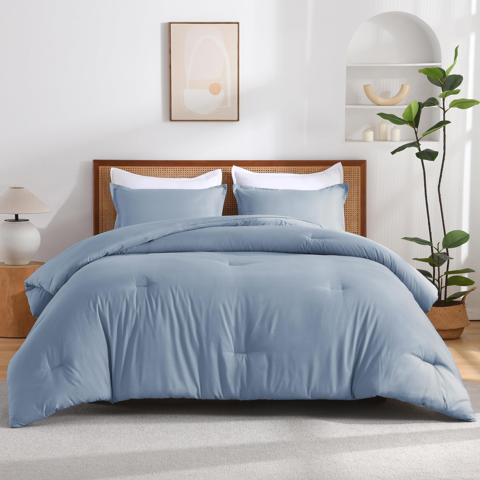 Andency Grayish Blue Comforter Set Queen Size, 3 Pieces Solid Boho Lightweight Bedding Comforter Set, All Season Soft Bed Comforter Set For Kids Teens Adults (90X90In Comforter)