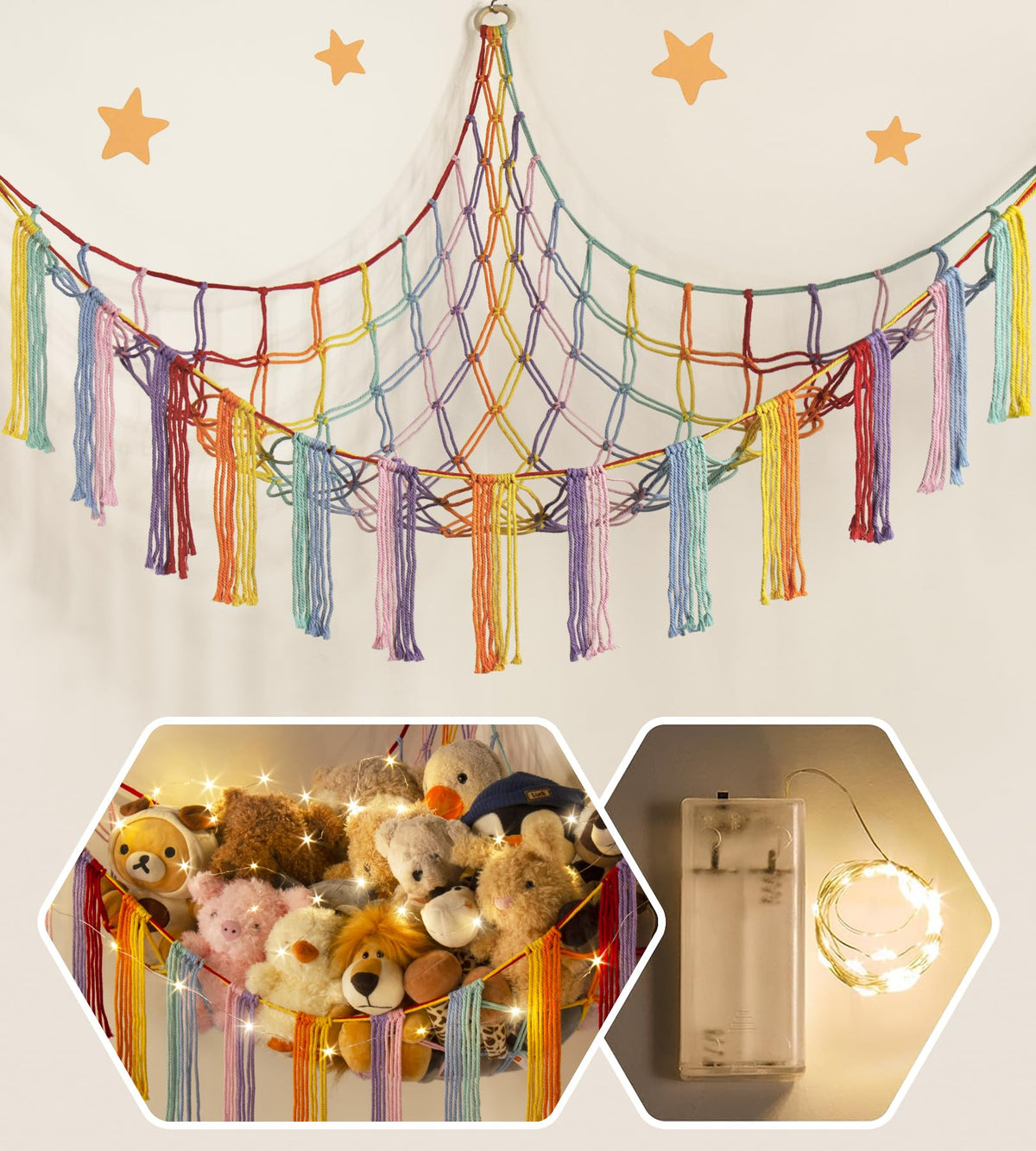 Relaxscene Stuffed Animal Hammock Corner With Led Light - Toy Storage Hammock Plushie Net Large - Cute Stuff Animals Holder Hang
