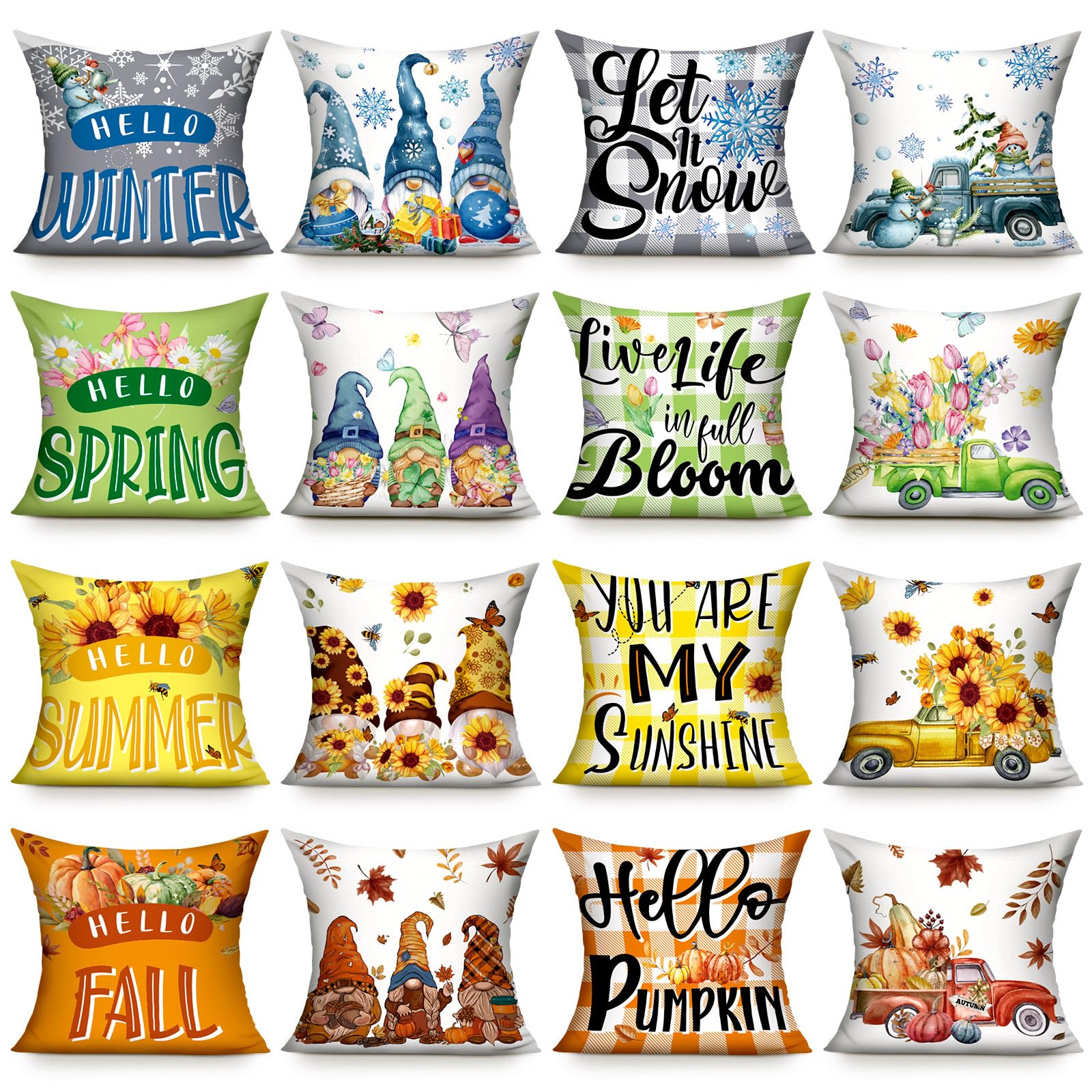 Preboun 16 Set Seasonal Pillow Covers 16 X 16 Inch Winter Throw Pillow Covers Snowflake Gnome Couch Pillow Cover Fall Spring Sum