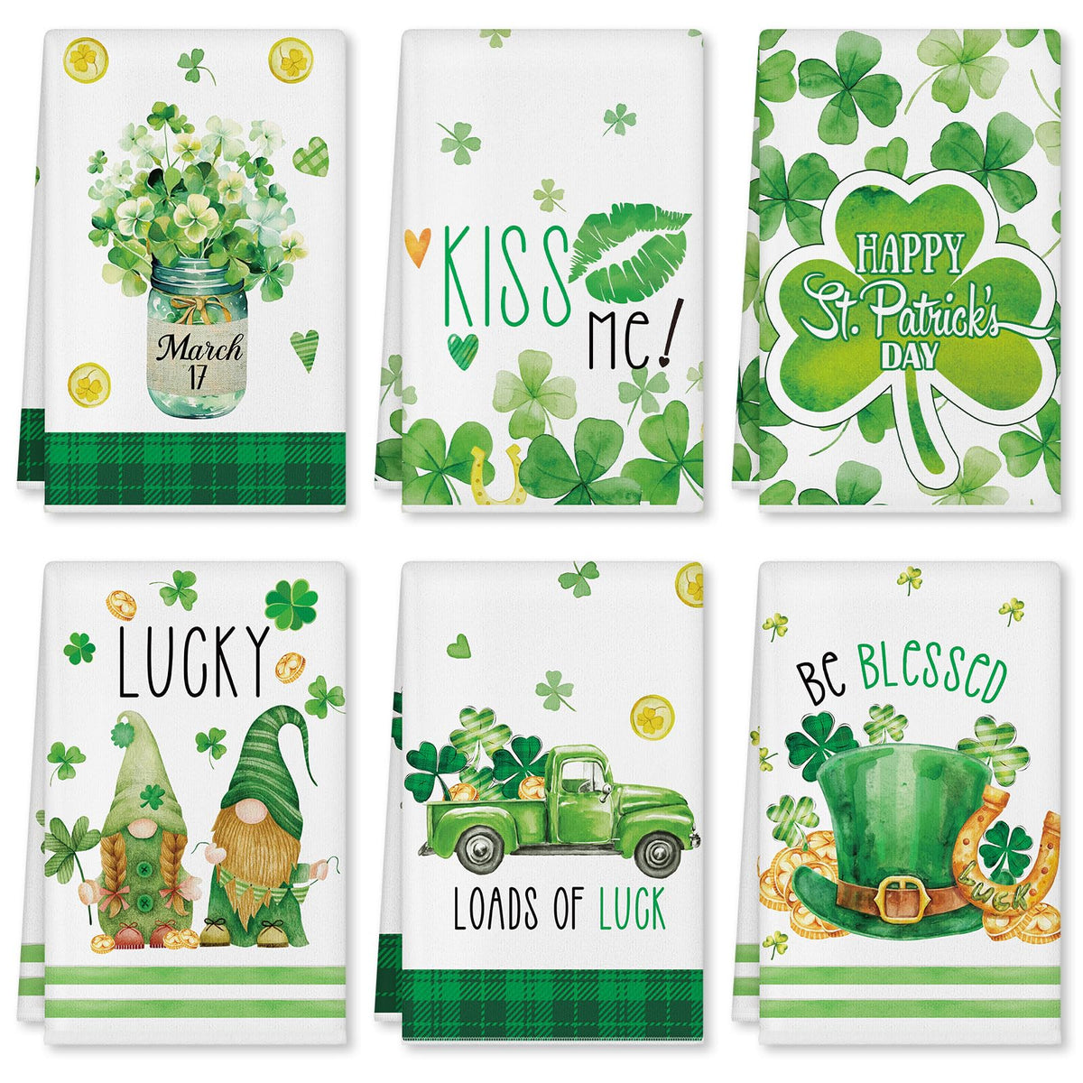 Zubebe 6 Pcs St. Patricks Day Kitchen Towel Irish Lucky Shamrock Dish Towel Watercolor Gnome Hand Towels Reusable Tea Towel for