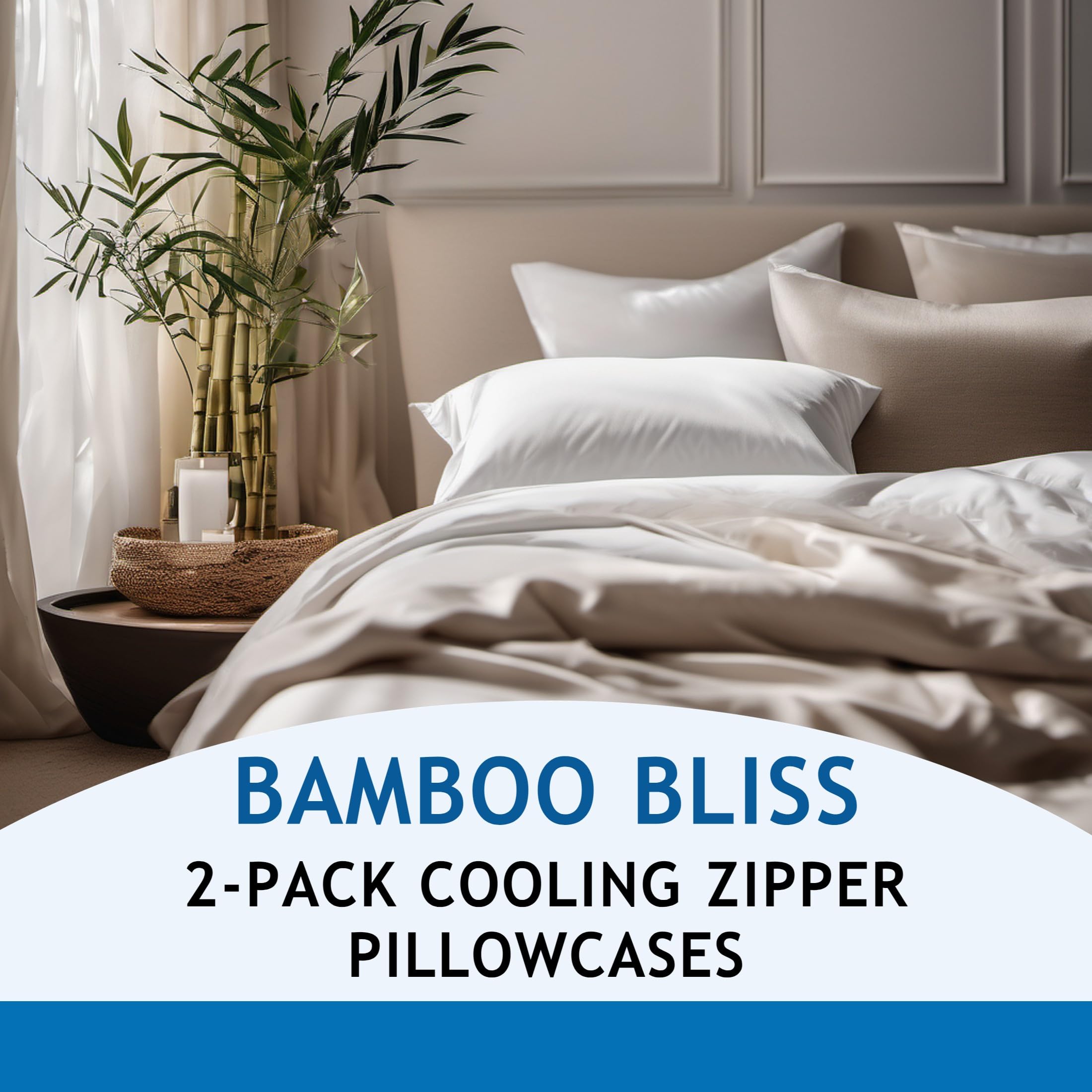100% Viscose Bamboo Pillowcase Queen - 2-Pack Cooling Pillow Cases For Hot Sleepers, Zipper Viscose Bamboo Pillow Cases Queen Si