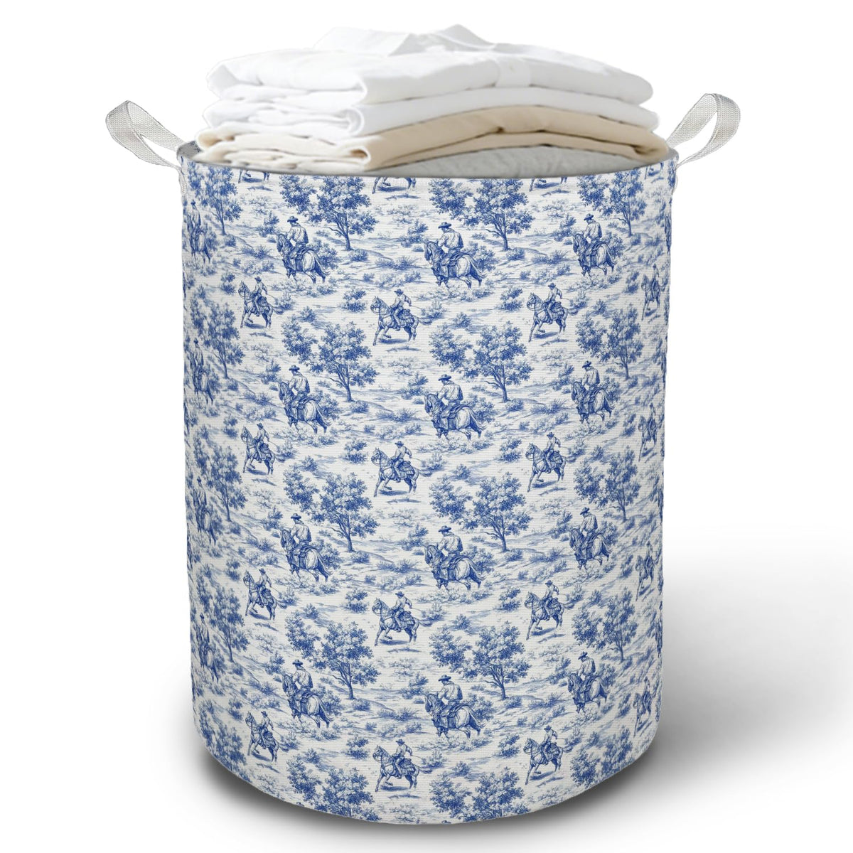 TAZSWDMM Chinoiserie Western Cowboy Laundry Basket Hamper, Blue and White Toile Rodeo Cowboy Western Foldable Clothes Toys Books