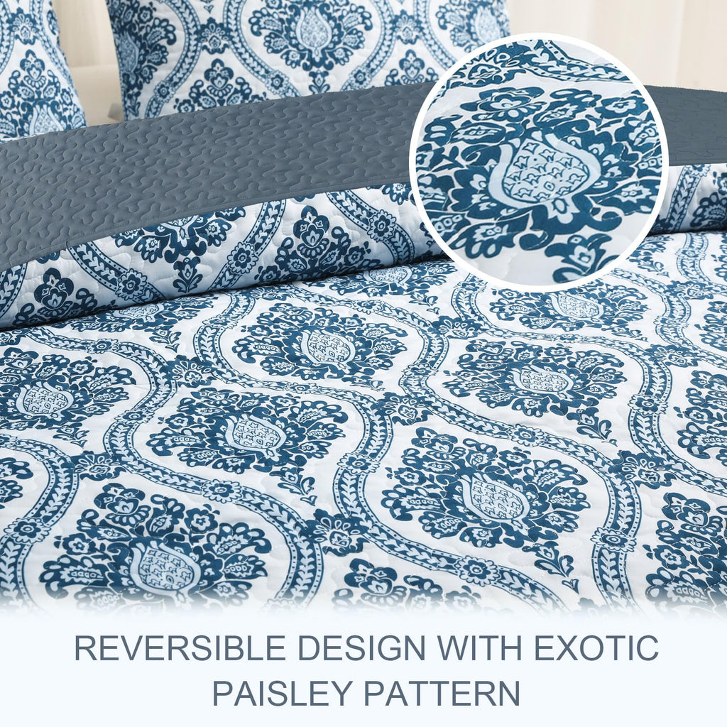 Exclusivo Mezcla Reversible Boho Quilt Set Queen Size, 3 Pieces Damask Blue All Season Bedspreads, Ultra Soft Floral Coverlet Be