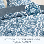 Exclusivo Mezcla Reversible Boho Quilt Set Queen Size, 3 Pieces Damask Blue All Season Bedspreads, Ultra Soft Floral Coverlet Be