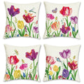 Bonhause Tulip Spring Floral Pillow Covers 18 X 18 Inch Set Of 4 Farmhouse Garden Colorful Pillows Case Polyester Linen For Pati