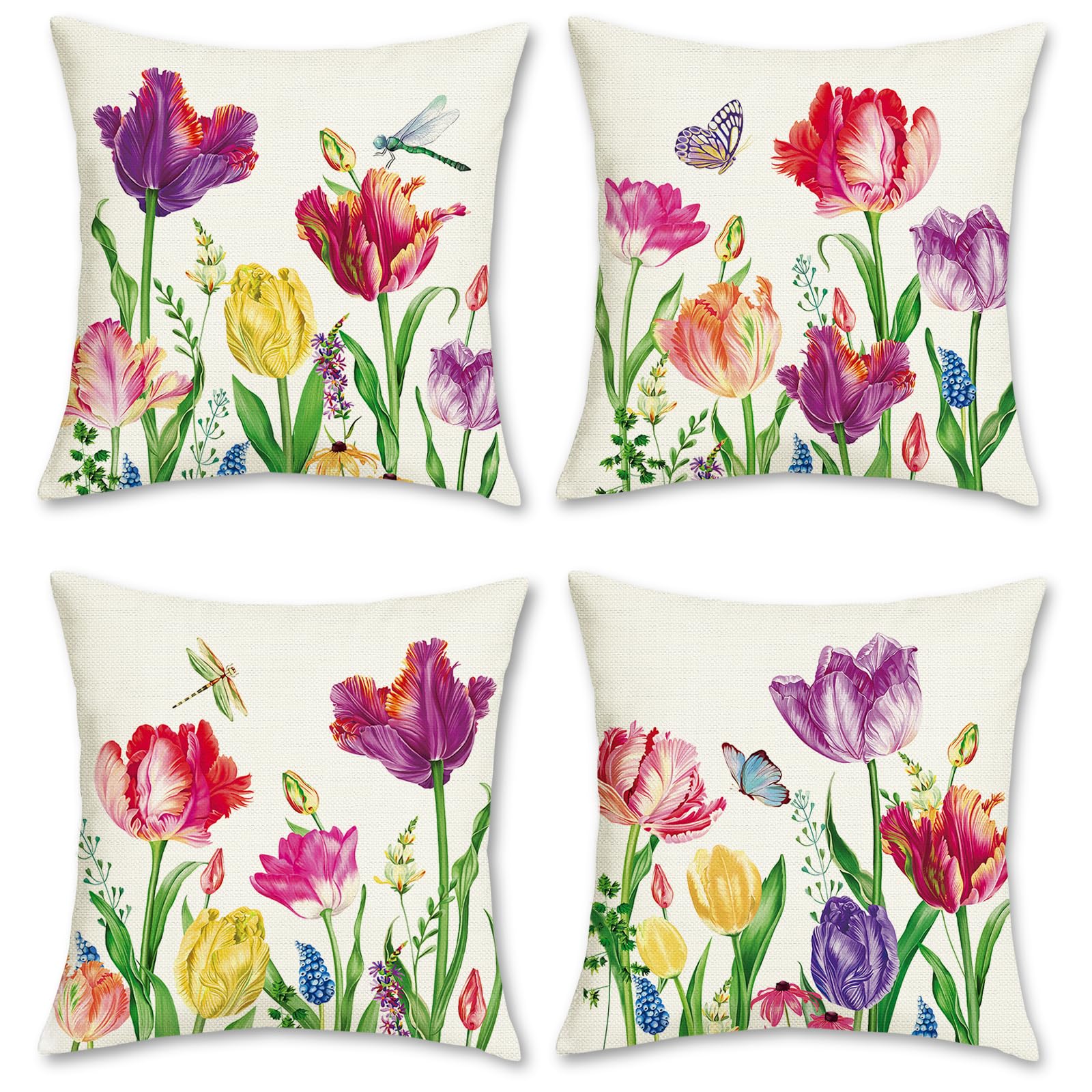 Bonhause Tulip Spring Floral Pillow Covers 18 X 18 Inch Set Of 4 Farmhouse Garden Colorful Pillows Case Polyester Linen For Pati
