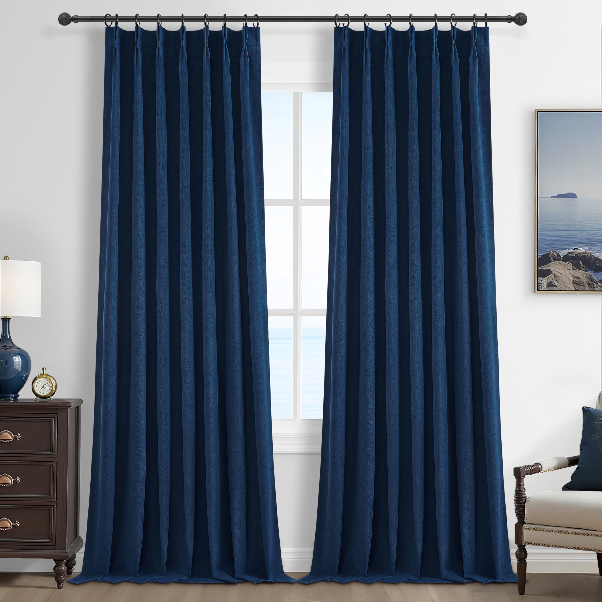 QJmydeco Navy Blue Blackout Curtains 96 Inch Length for Kids/Boys Rooms/Bedroom, Pinch Pleated Drapes with Hooks Viral Linen The