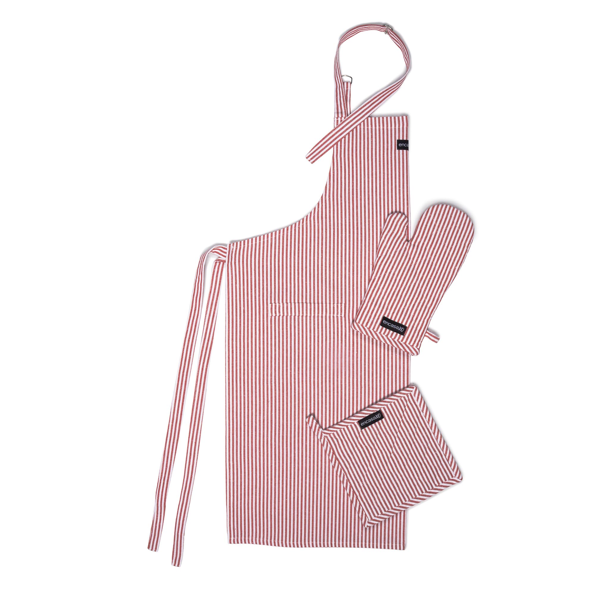 Encasa Xo Kitchen Apron With Oven Gloves & Potholder  Combo Set 100% Cotton  Heat Resistant | Ticking Red (3 Pcs Set)