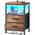 Huuger Night Stand With Charger Station And Led Lights, 2 Drawer Nightstand, Bed Side Table With Open Shelf, End Table, Fabric Dresser For Bedroom, Rustic Brown