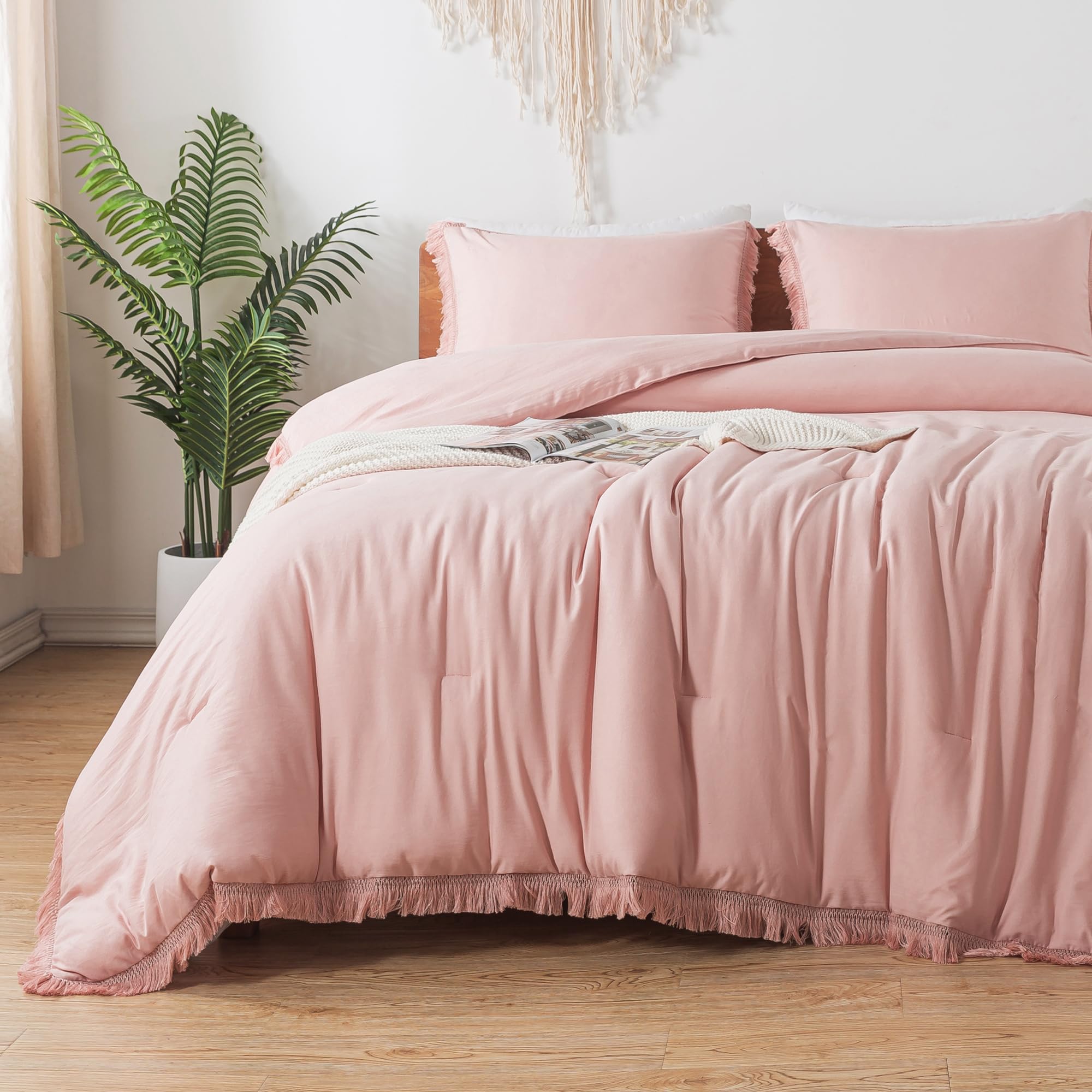 Andency Pink Comforter Set Queen Size For Girls, Blush Boho Women Tassel Lightweight Bedding Comforter Sets, 3 Pieces All Season