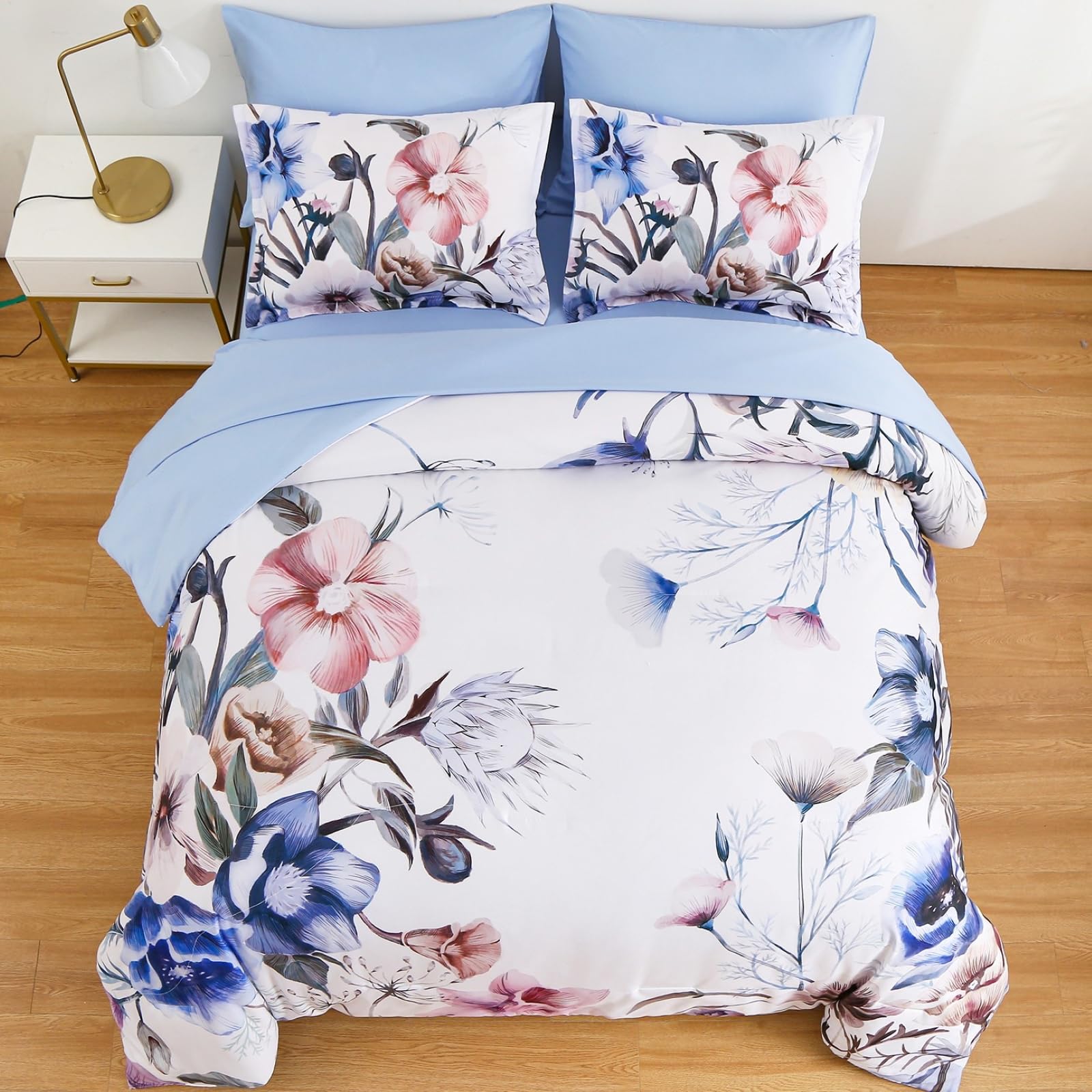 Luxudecor Floral Comforter Set King Size 7 Piece, Blue Flower Bed In A Bag, Elegant Floral Comforter With Sheet Set, Soft Microf