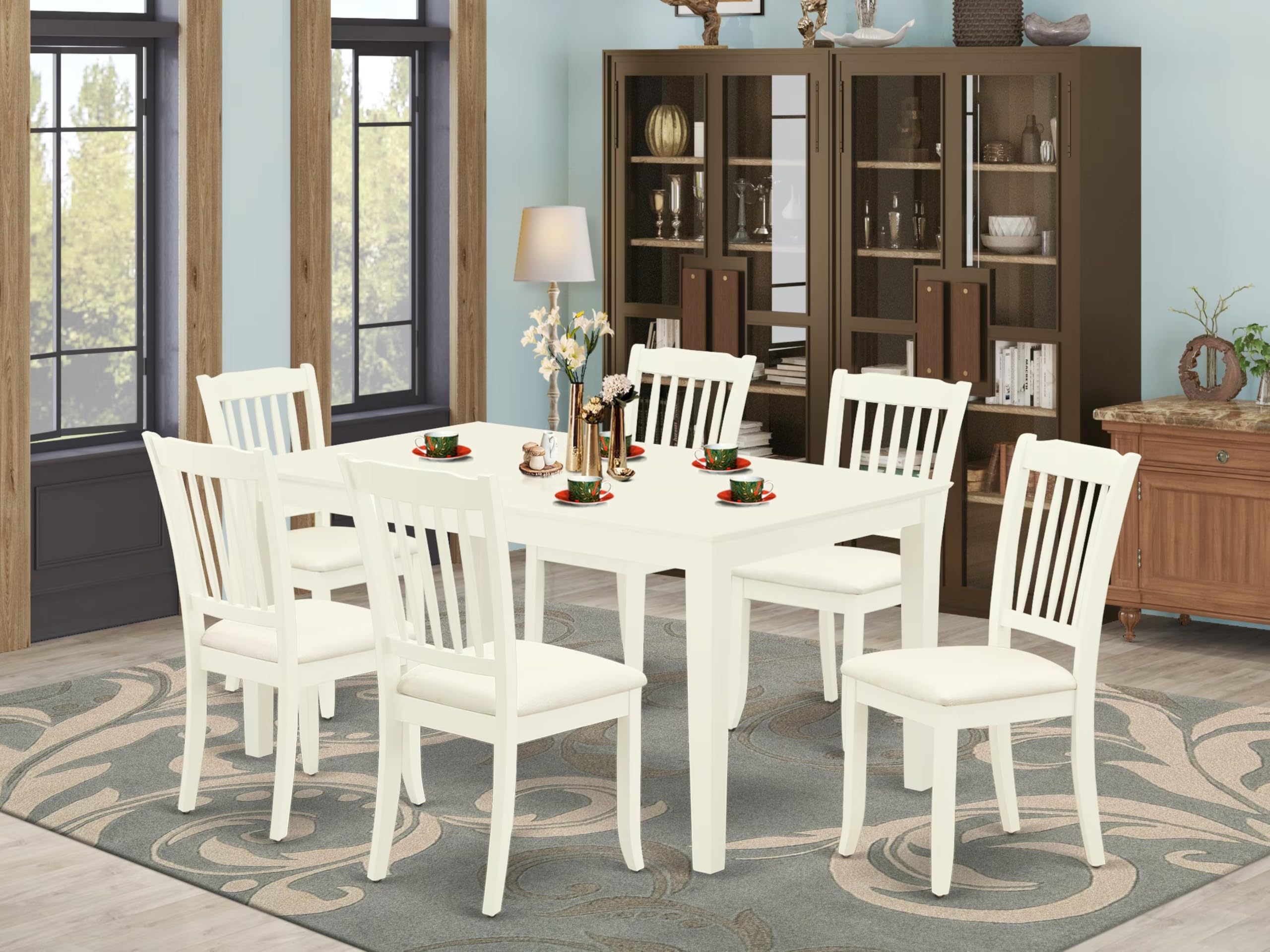 East West Furniture Cada7-Lwh-C 7 Piece Kitchen Table & Chairs Set Consist Of A Rectangle Dining Room Table And 6 Linen Fabric Upholstered Dining Chairs, 36X60 Inch, Linen White