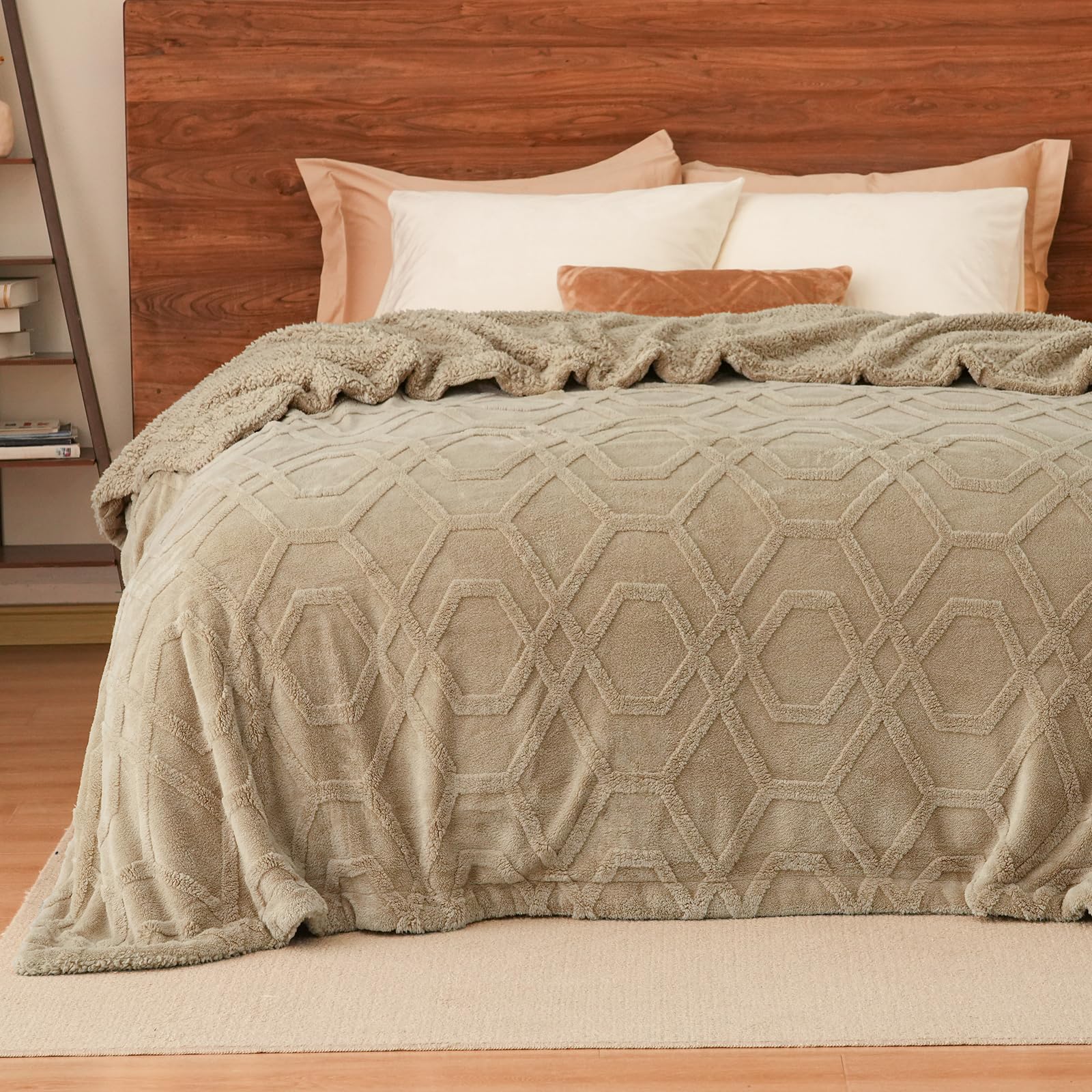 Phf Fluffy Sherpa Fleece Blanket Queen Size For Winter, Warm And Cozy, 510Gsm 3D Tufted Shaggy Fleece Blanket For Sofa Bed, Khak
