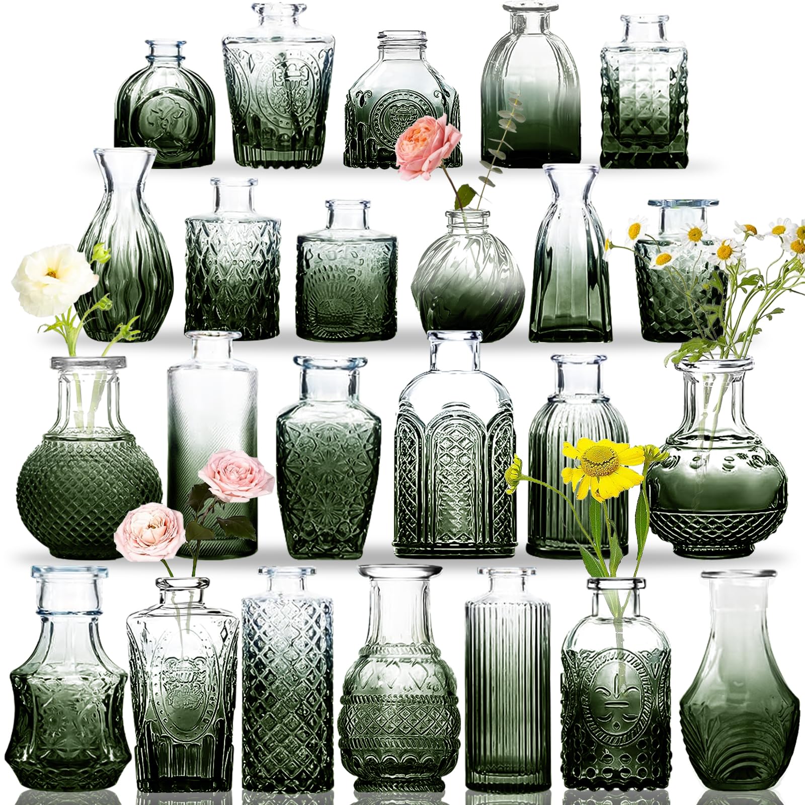 KOIUEYW Glass Bud Vases Set, 24 Pcs Light Green Glass Vases Vintage Clear Small Green Vases for Centerpieces, Green Rose Vase Mi